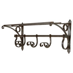 Early 20th Century French Forged Iron Coat and Hat Rack with Hooks and Shelf