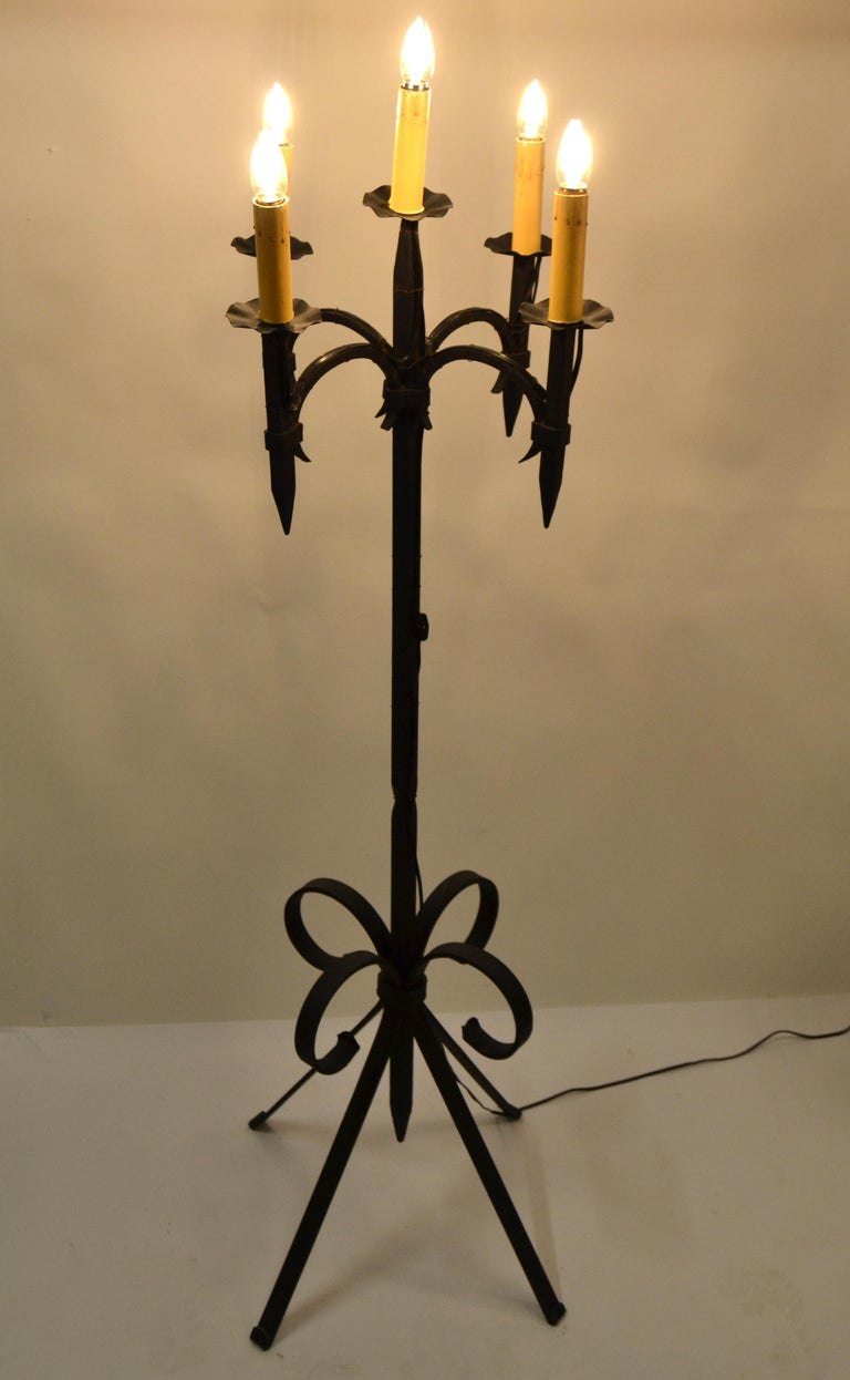 Early 20th Century French Wrought Iron 5 Light Candelabra Floor