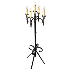 Early 20th Century French Forged Wrought Iron 5 Light Candelabra Floor Lamp