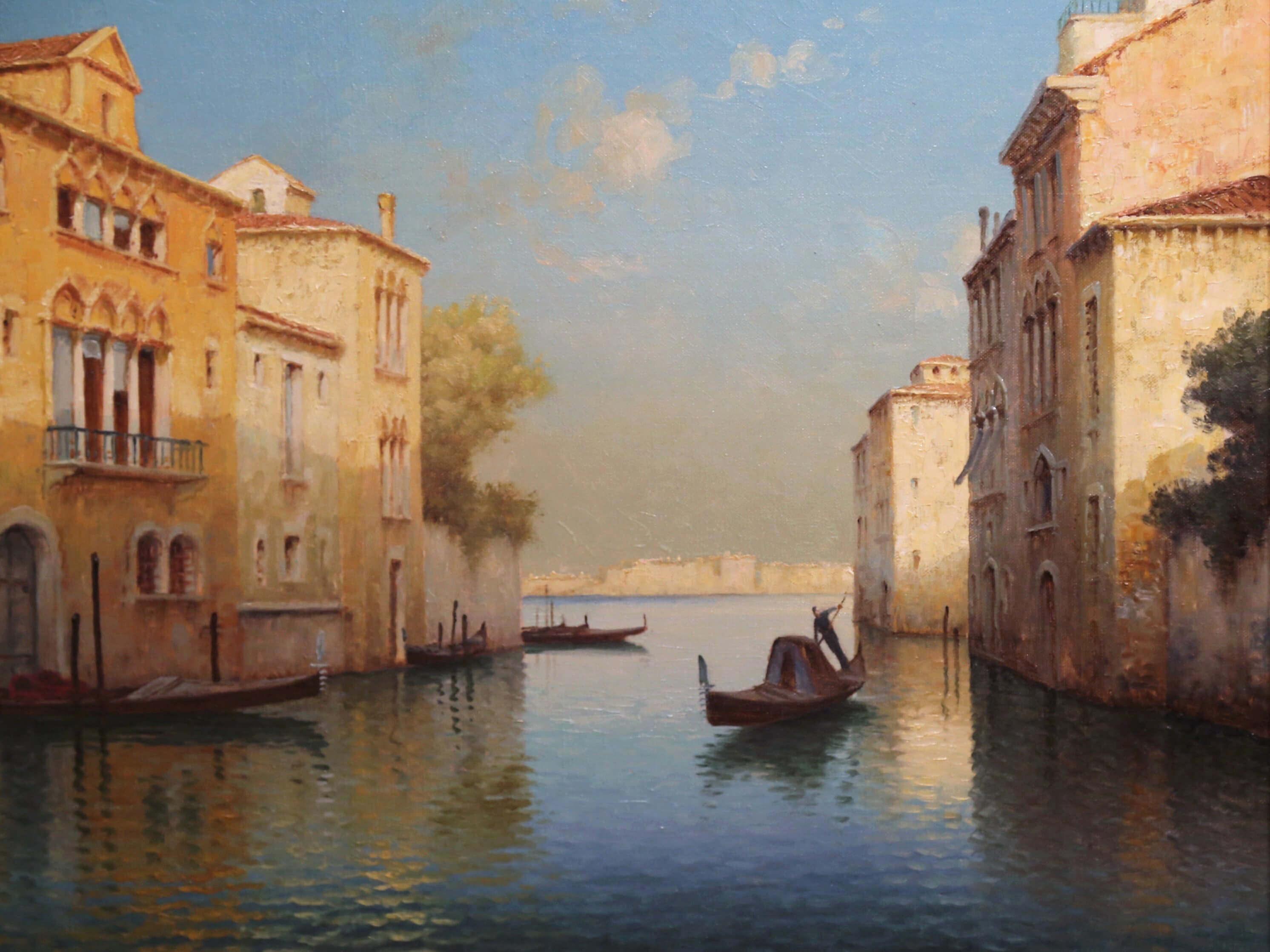 Hand-Painted Early 20th Century French Framed Sunset in Venice Oil Painting Signed A. Lecoz For Sale