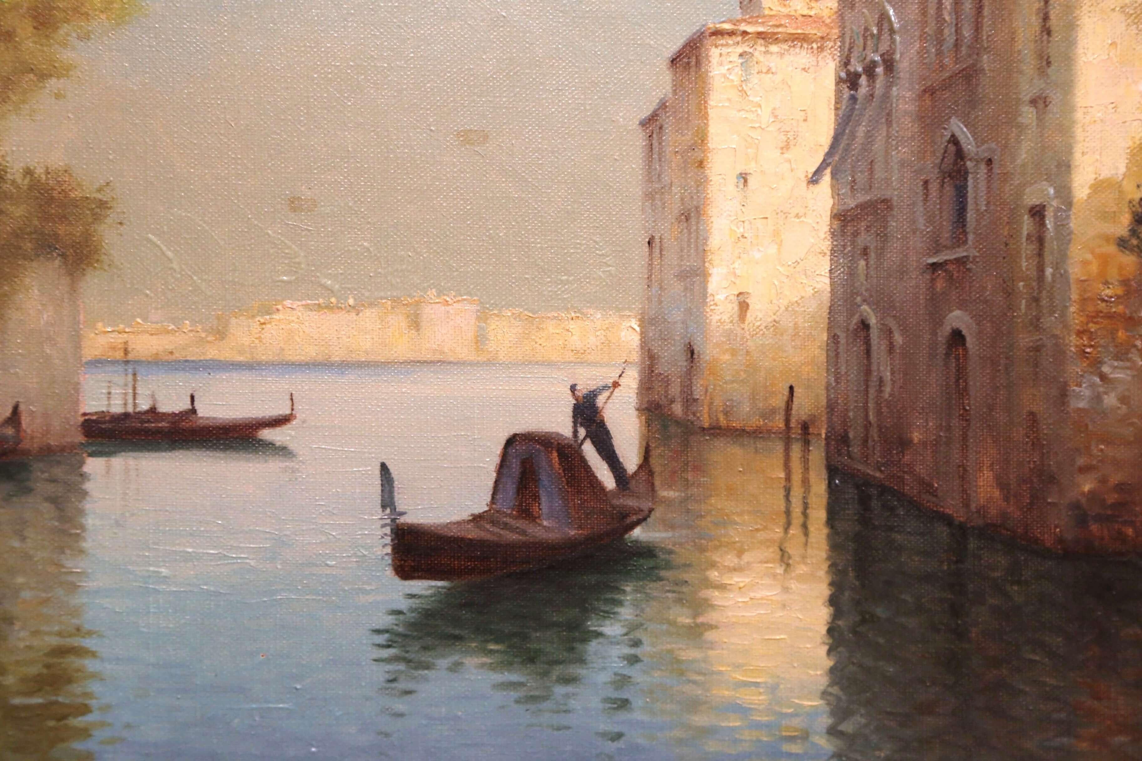 Early 20th Century French Framed Sunset in Venice Oil Painting Signed A. Lecoz In Excellent Condition For Sale In Dallas, TX