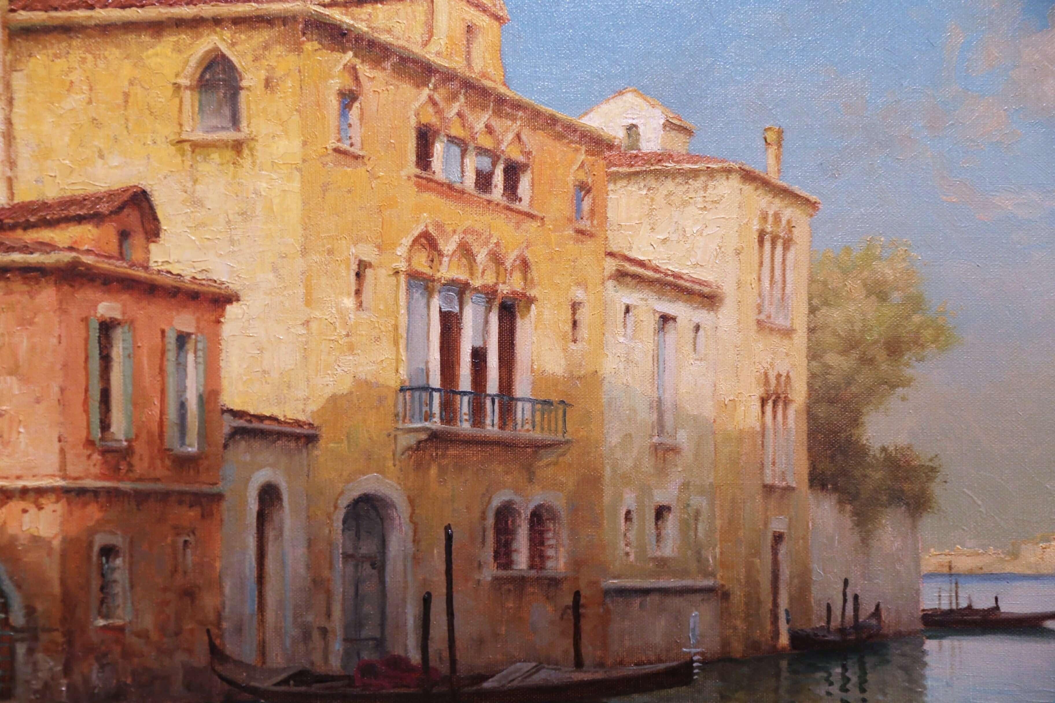 Early 20th Century French Framed Sunset in Venice Oil Painting Signed A. Lecoz For Sale 2