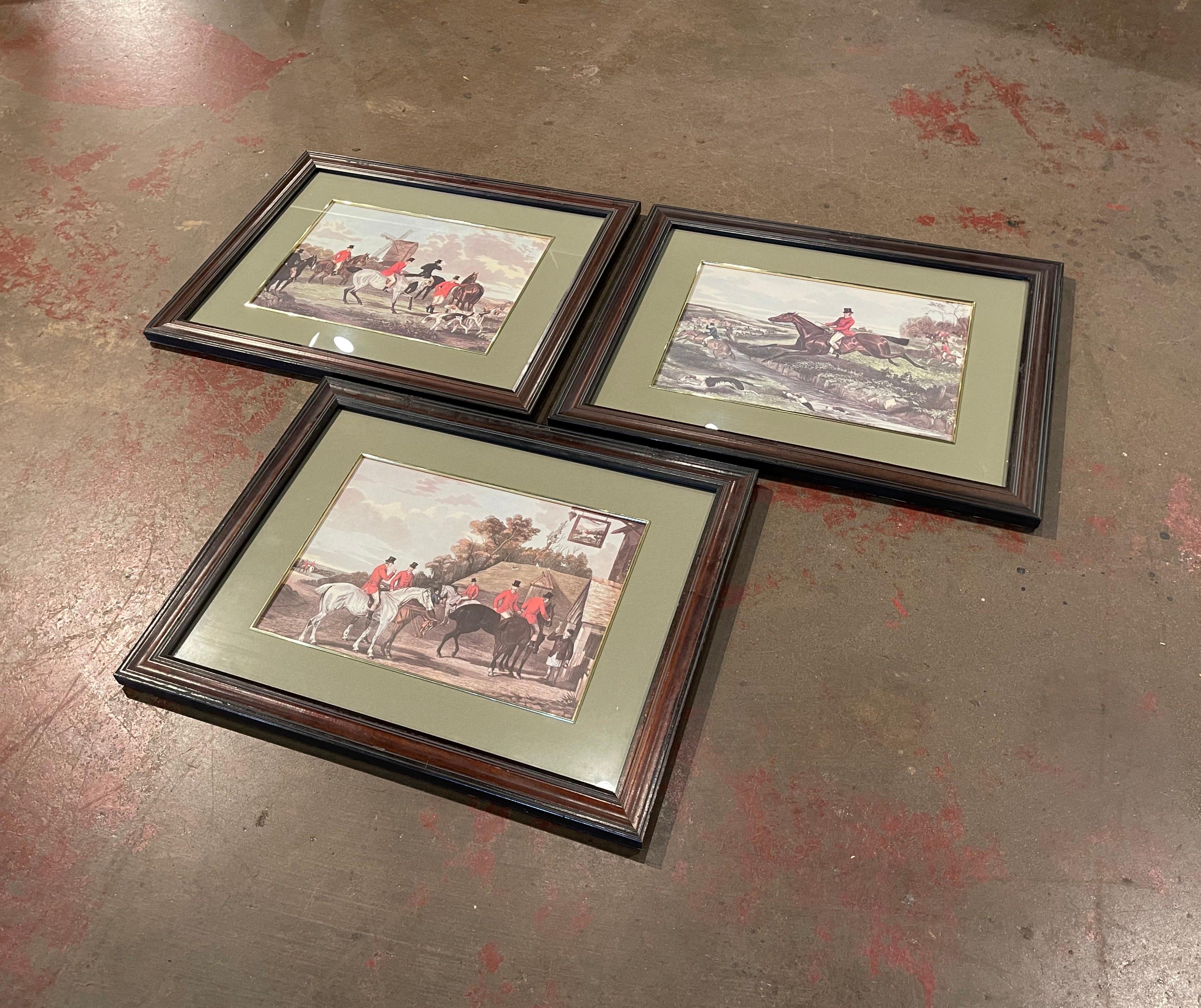 Decorate a ranch or a hunting lodge with these elegant framed antique watercolor prints, featuring riders in brilliant red hunting jackets and stately top hats astride beautifully groomed horses and accompanied by athletic speckled dogs. Crafted in