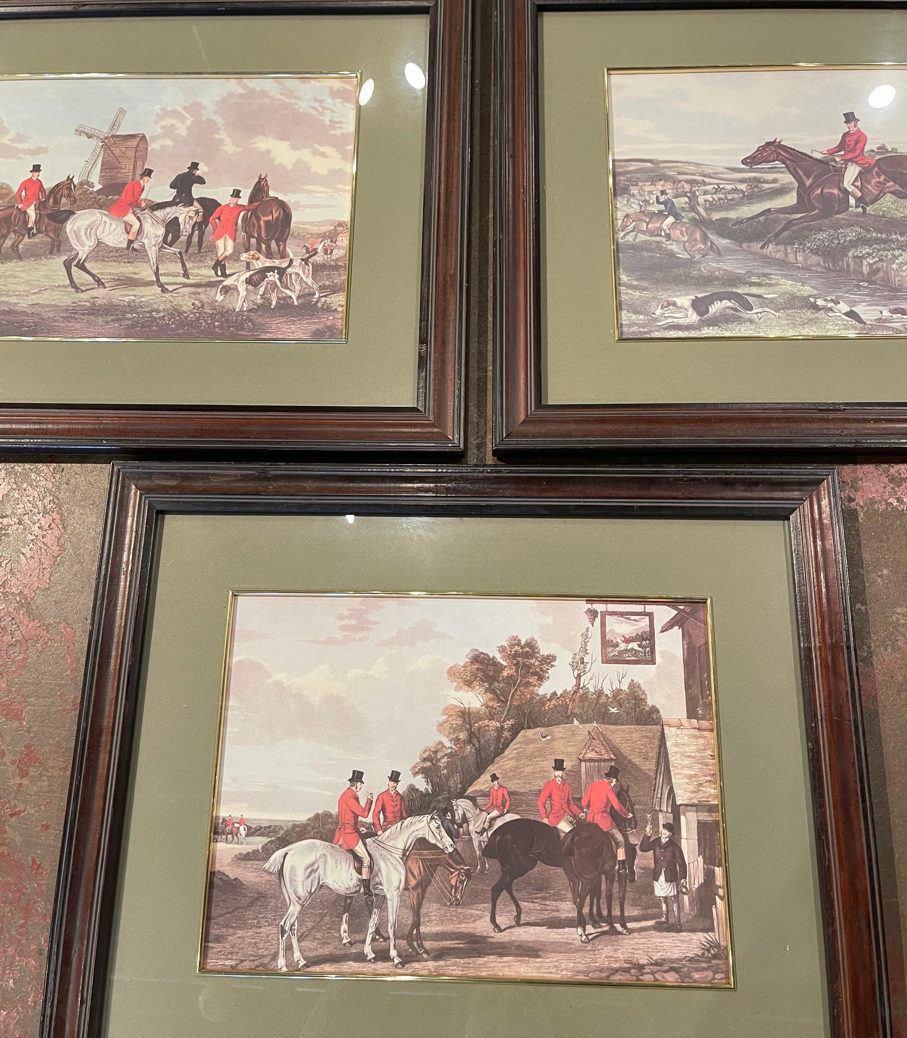 Hand-Painted Early 20th Century French Framed Watercolor Hunt Scene Prints, Set of Three For Sale