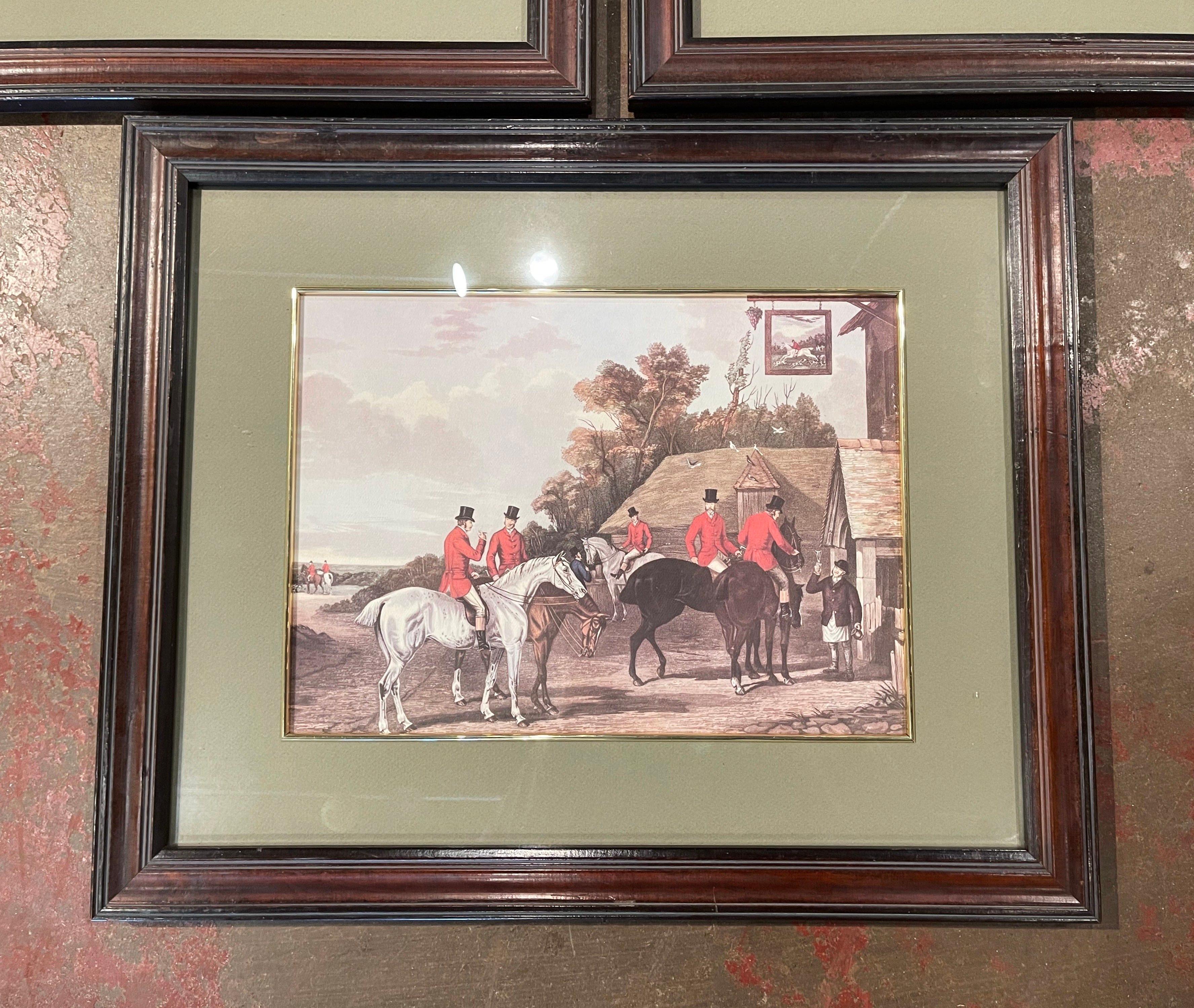Wood Early 20th Century French Framed Watercolor Hunt Scene Prints, Set of Three For Sale