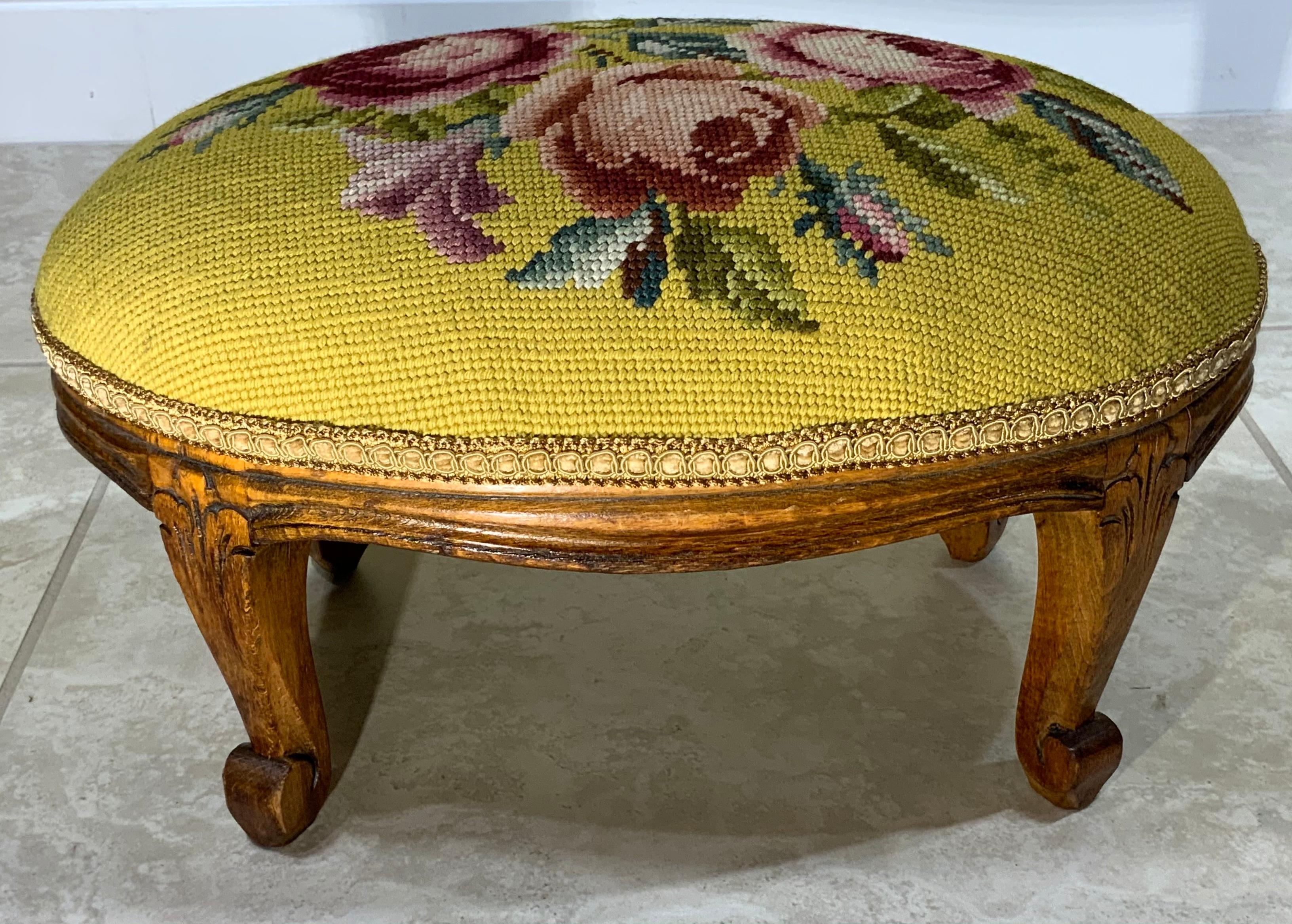 Early 20th Century French Fruitwood Footstool with Antique Needlepoint Tapestry 3