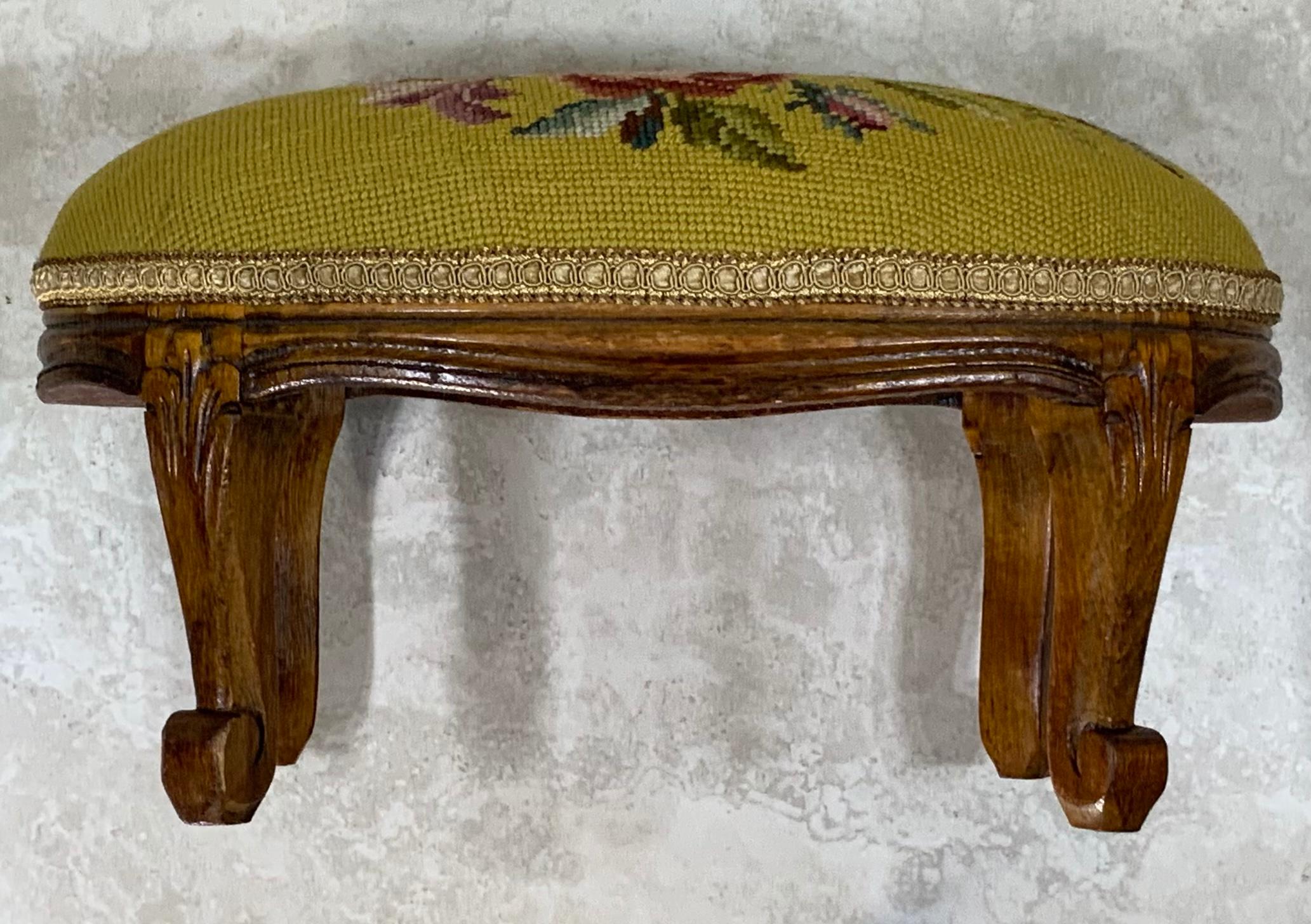 Early 20th Century French Fruitwood Footstool with Antique Needlepoint Tapestry 5