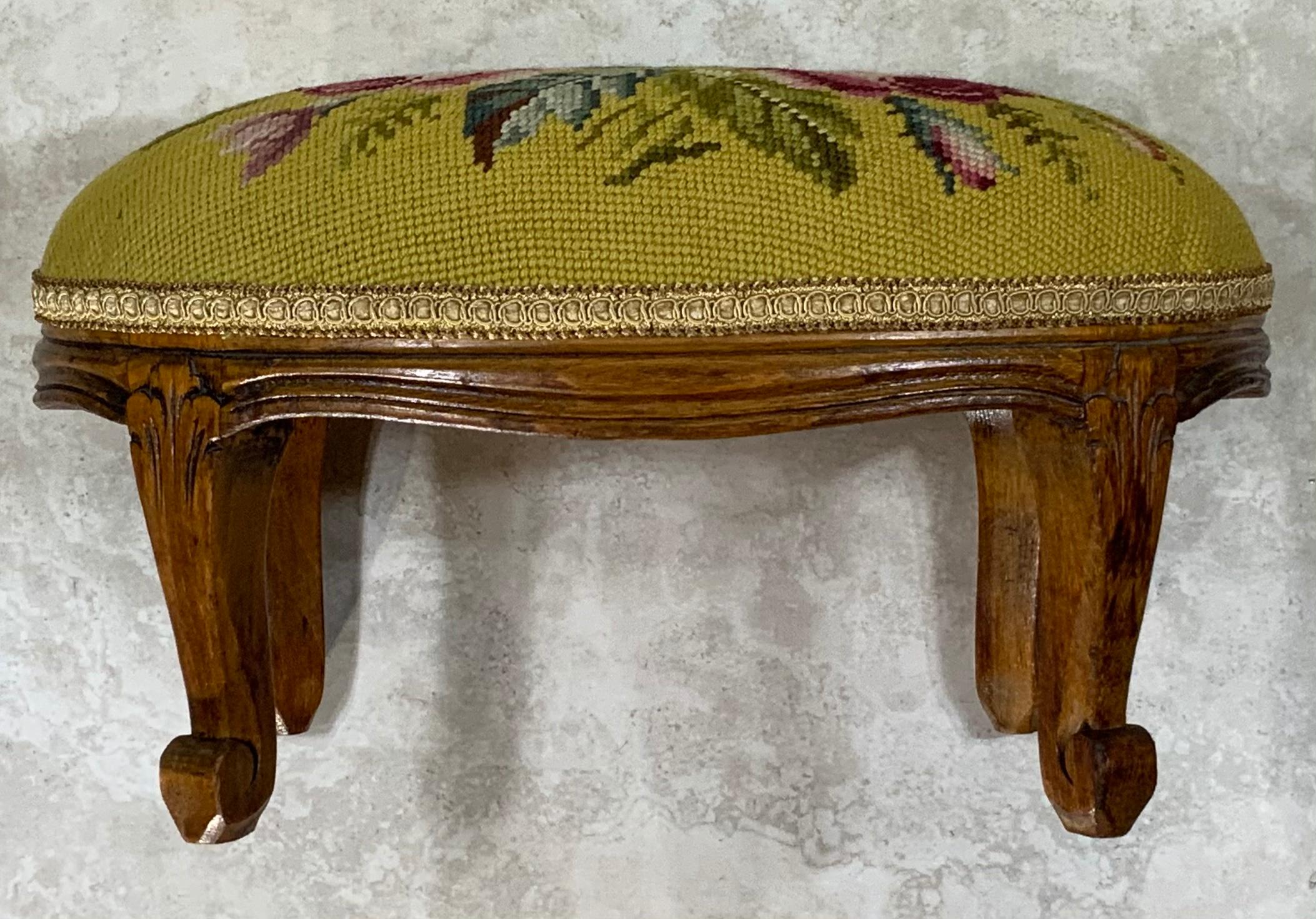 Early 20th Century French Fruitwood Footstool with Antique Needlepoint Tapestry 6