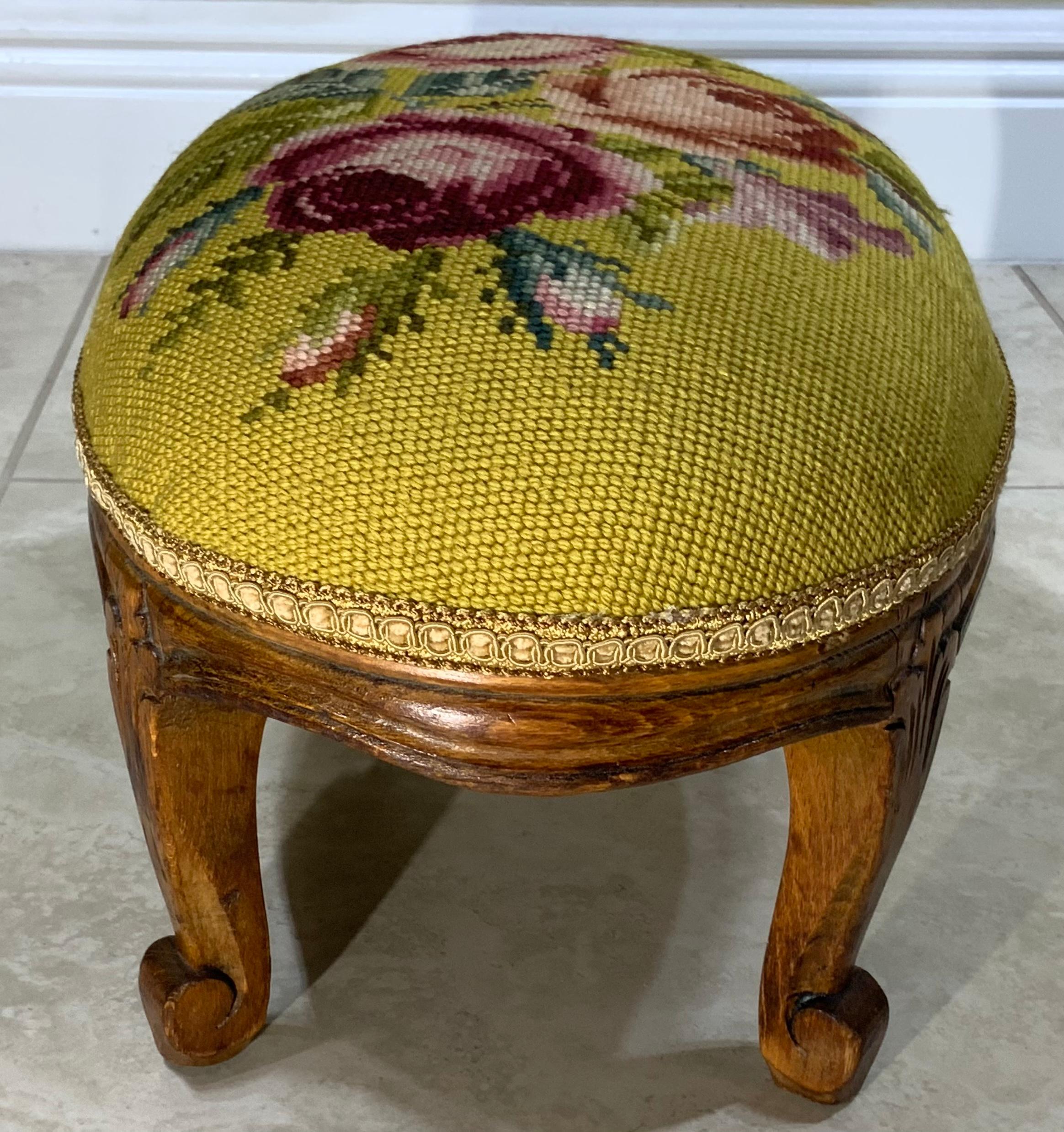 Early 20th Century French Fruitwood Footstool with Antique Needlepoint Tapestry 1