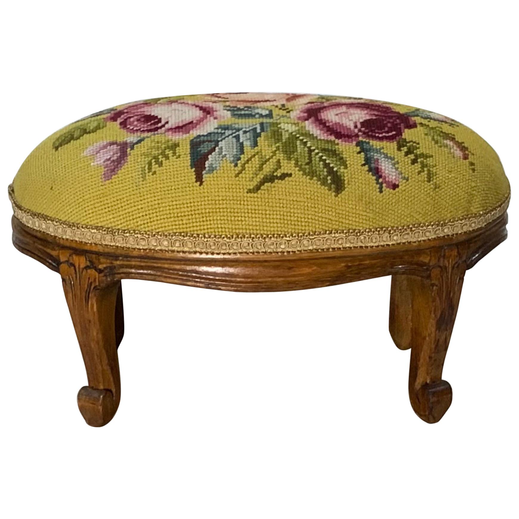 Early 20th Century French Fruitwood Footstool with Antique Needlepoint Tapestry