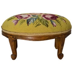 Early 20th Century French Fruitwood Footstool with Antique Needlepoint Tapestry