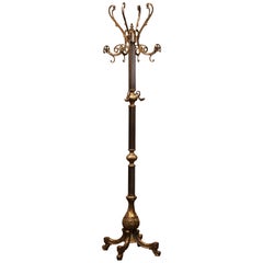 Antique Early 20th Century French Gilt Brass Free Standing Swivel Hall Tree with Hooks