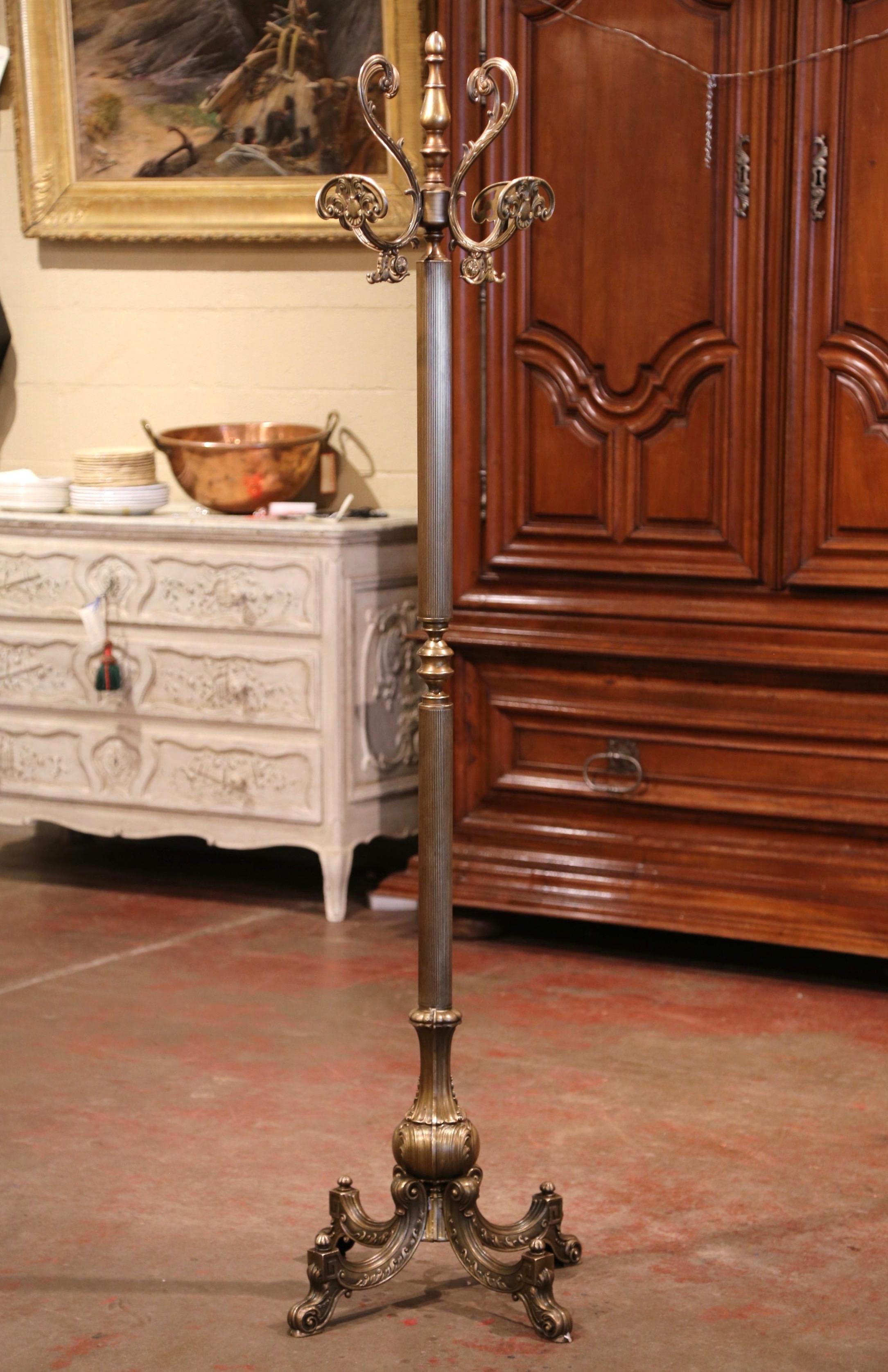 Hand-Crafted Early 20th Century French Gilt Brass Standing Hall Tree with Swivel Top