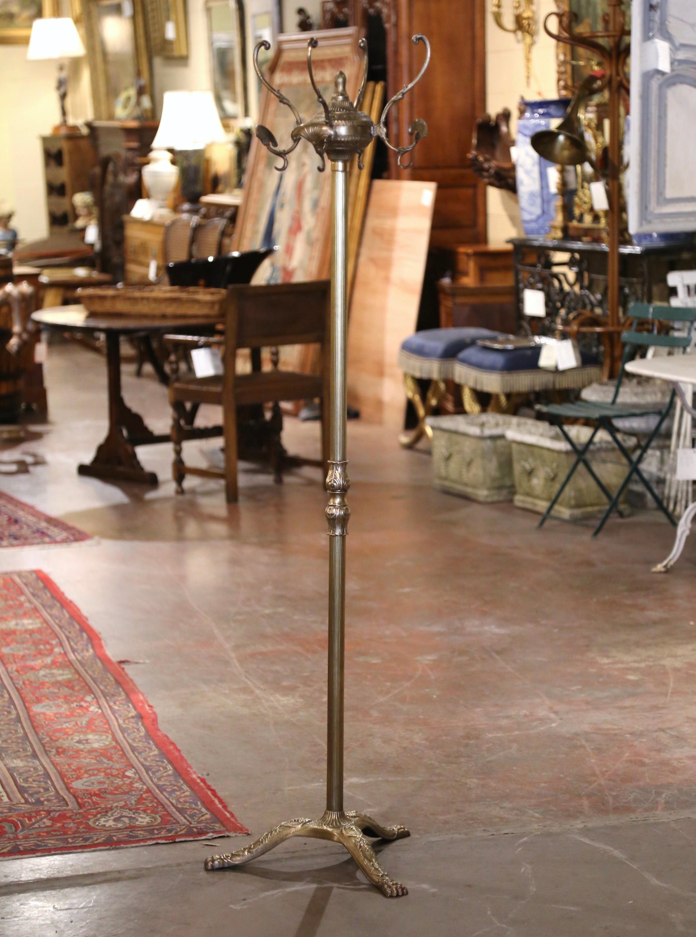 Early 20th Century French Gilt Brass Swivel Four-Hook Standing Hall Tree In Excellent Condition For Sale In Dallas, TX