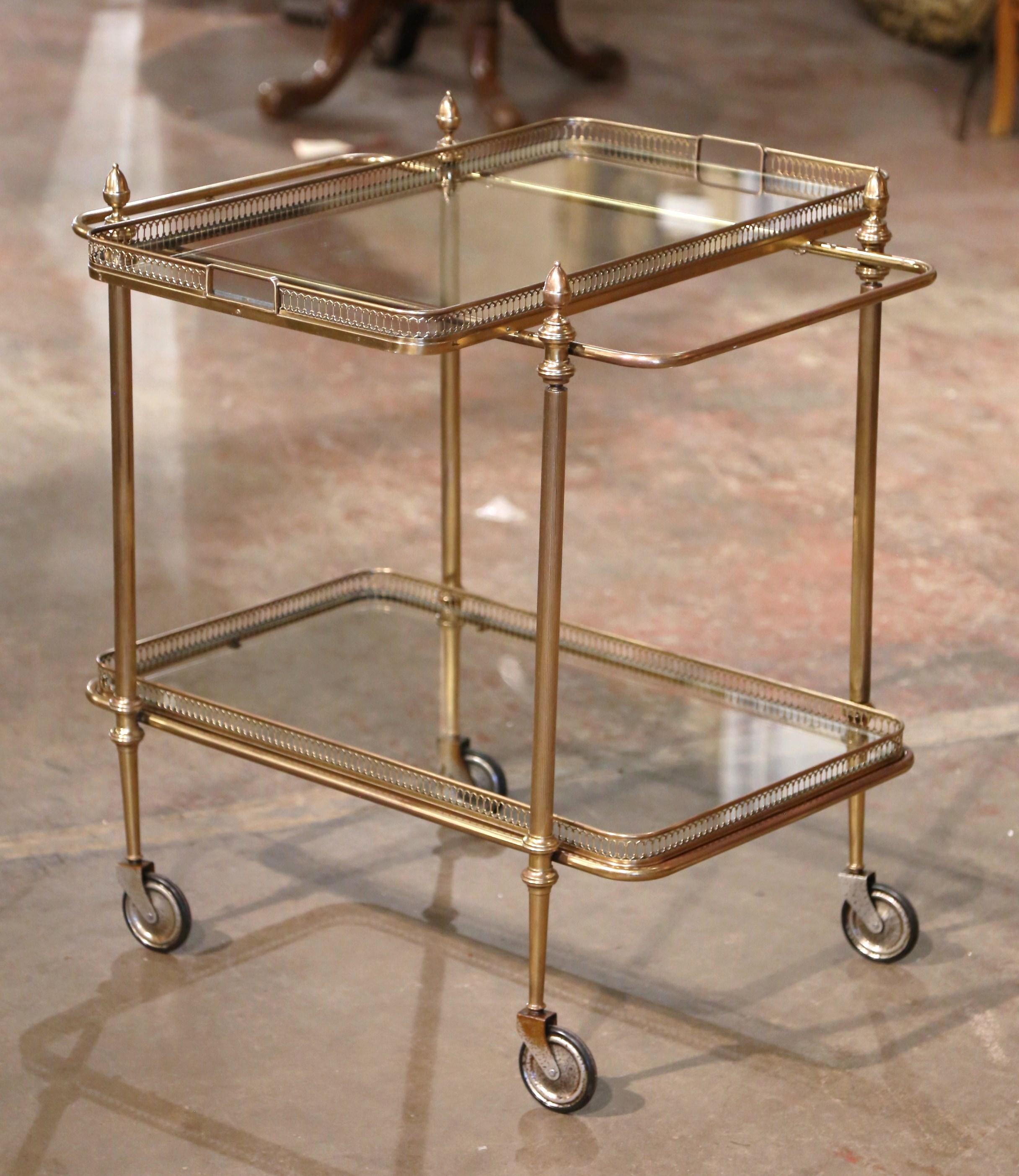 Art Deco Early 20th Century French Gilt Brass Two-Tier Service Trolley Bar Cart on Wheels
