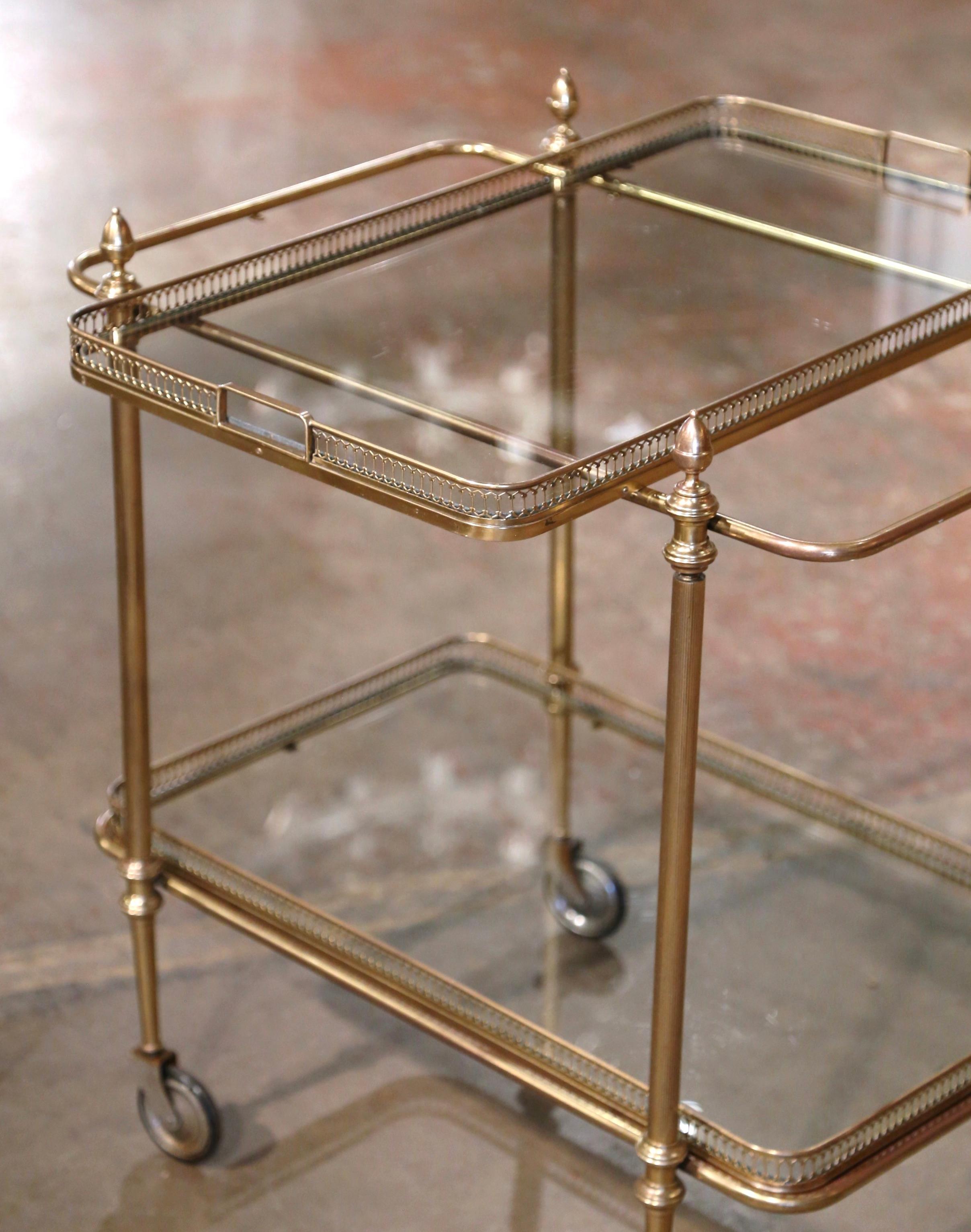 Hand-Crafted Early 20th Century French Gilt Brass Two-Tier Service Trolley Bar Cart on Wheels