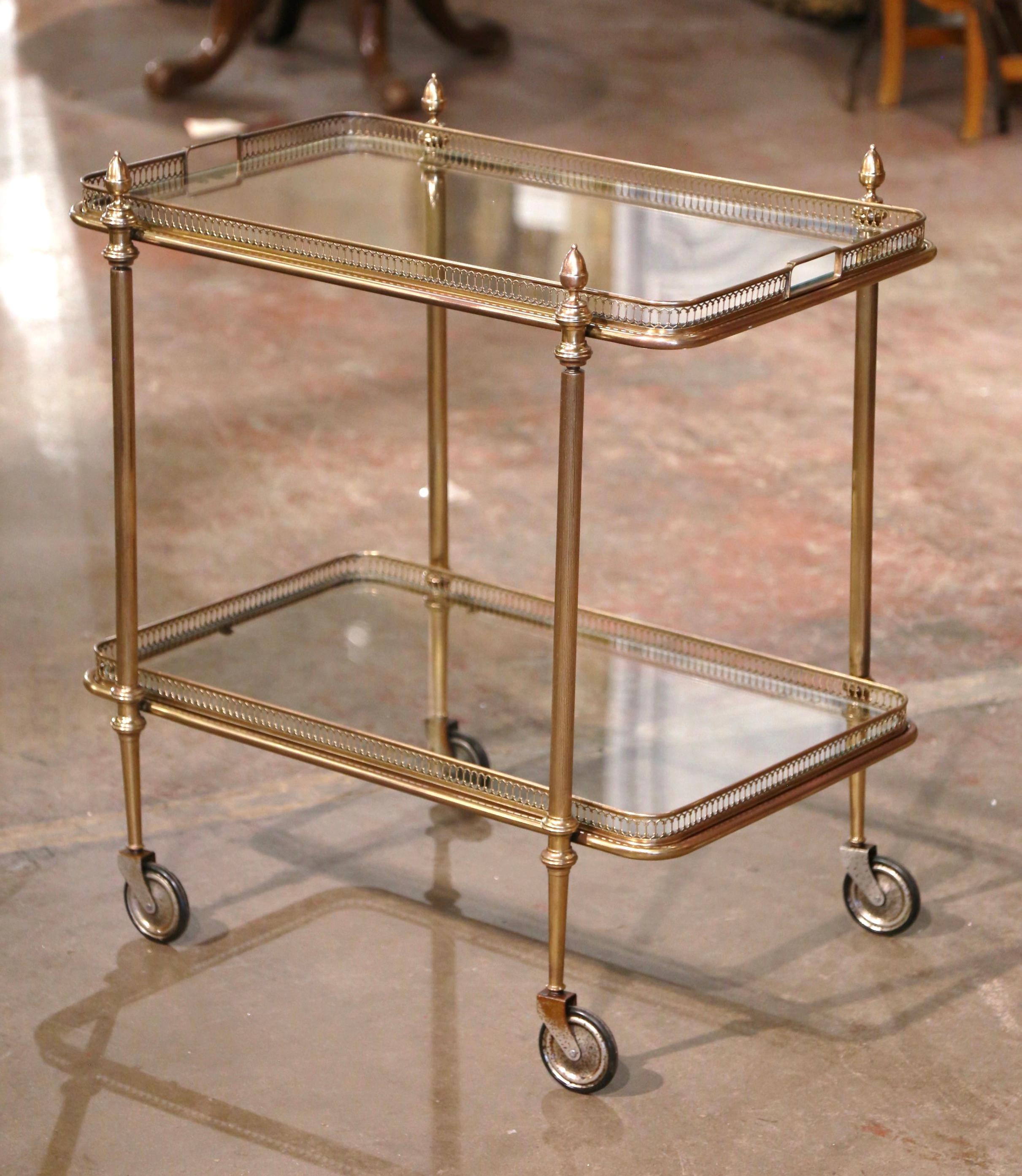 Early 20th Century French Gilt Brass Two-Tier Service Trolley Bar Cart on Wheels In Excellent Condition In Dallas, TX