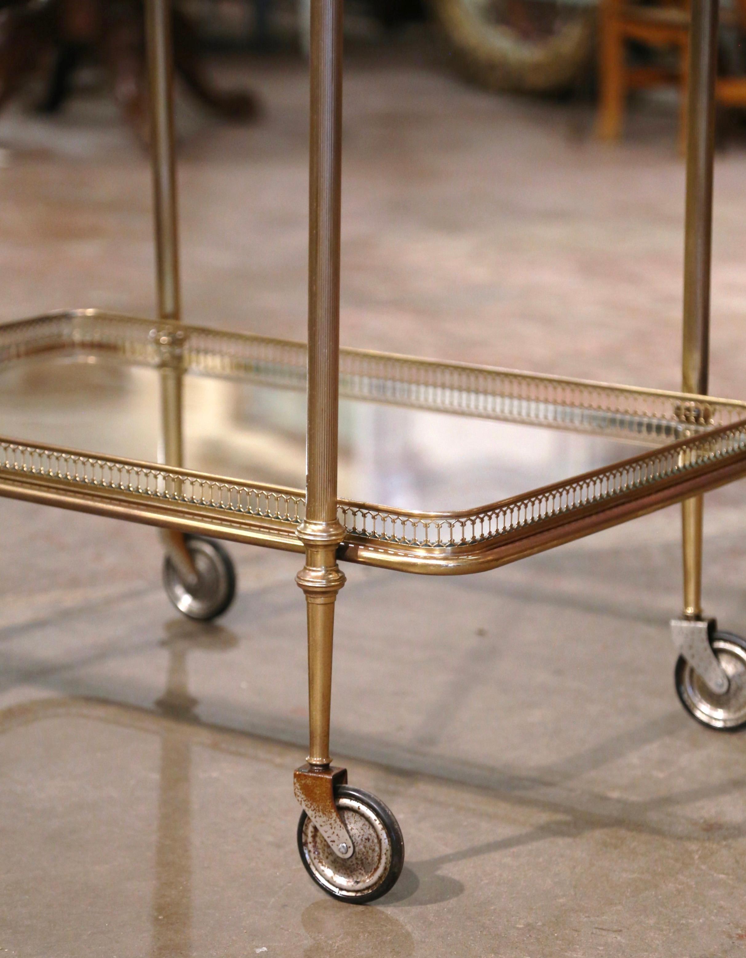 Early 20th Century French Gilt Brass Two-Tier Service Trolley Bar Cart on Wheels 3