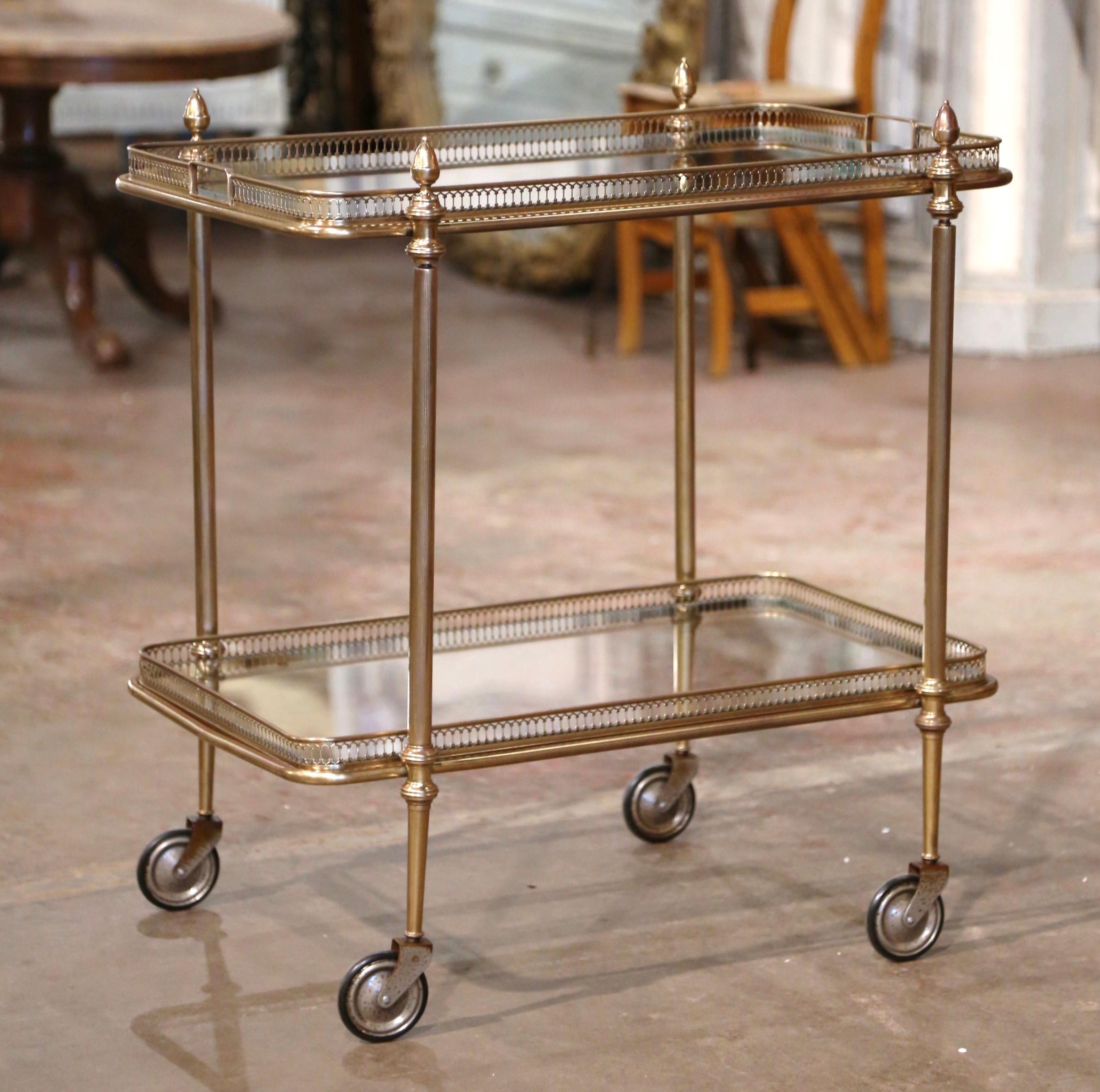 Early 20th Century French Gilt Brass Two-Tier Service Trolley Bar Cart on Wheels 4