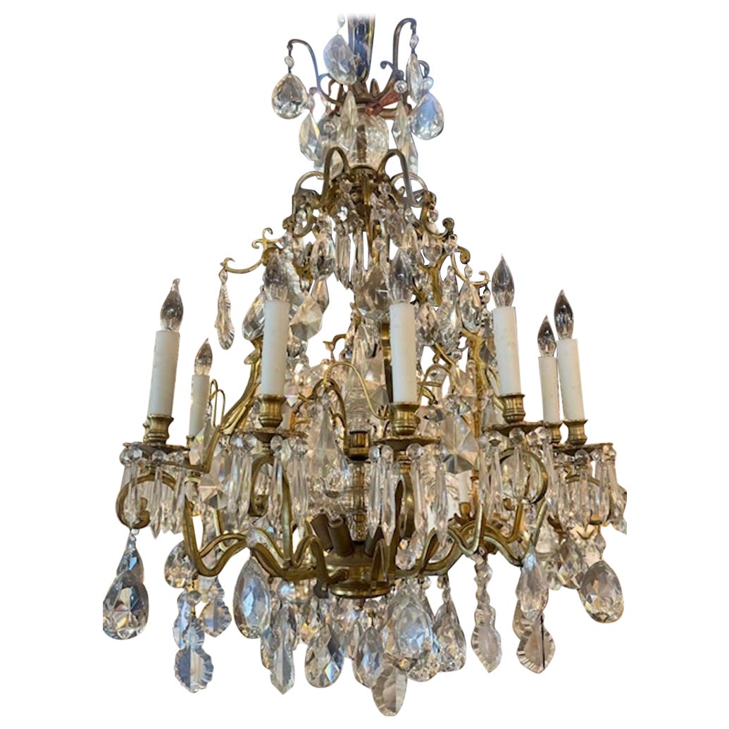 Lustre en bronze doré et cristal français du début du 20e siècle
