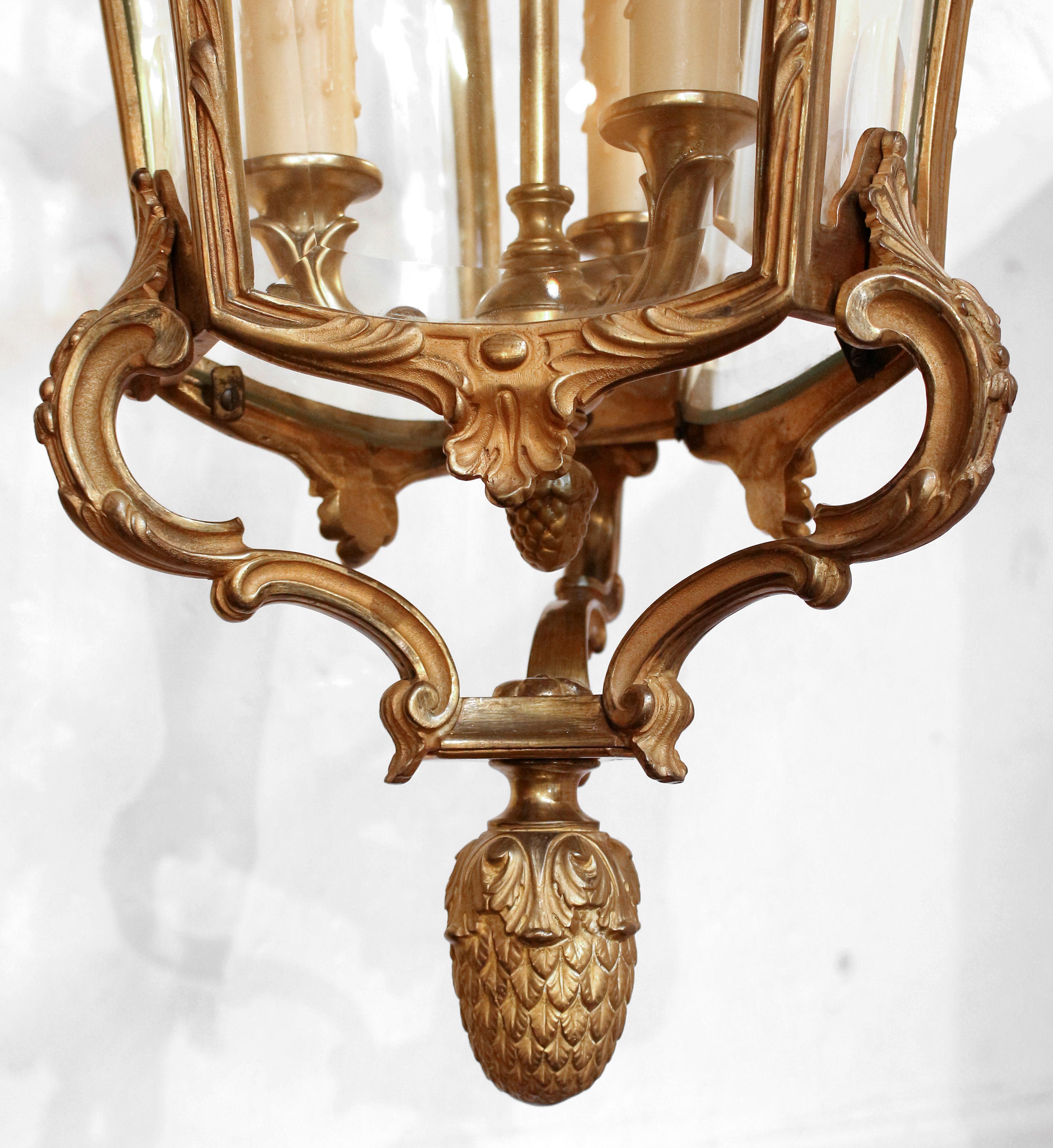 Rococo Early 20th Century French Gilt Bronze & Glass Hall Lantern For Sale
