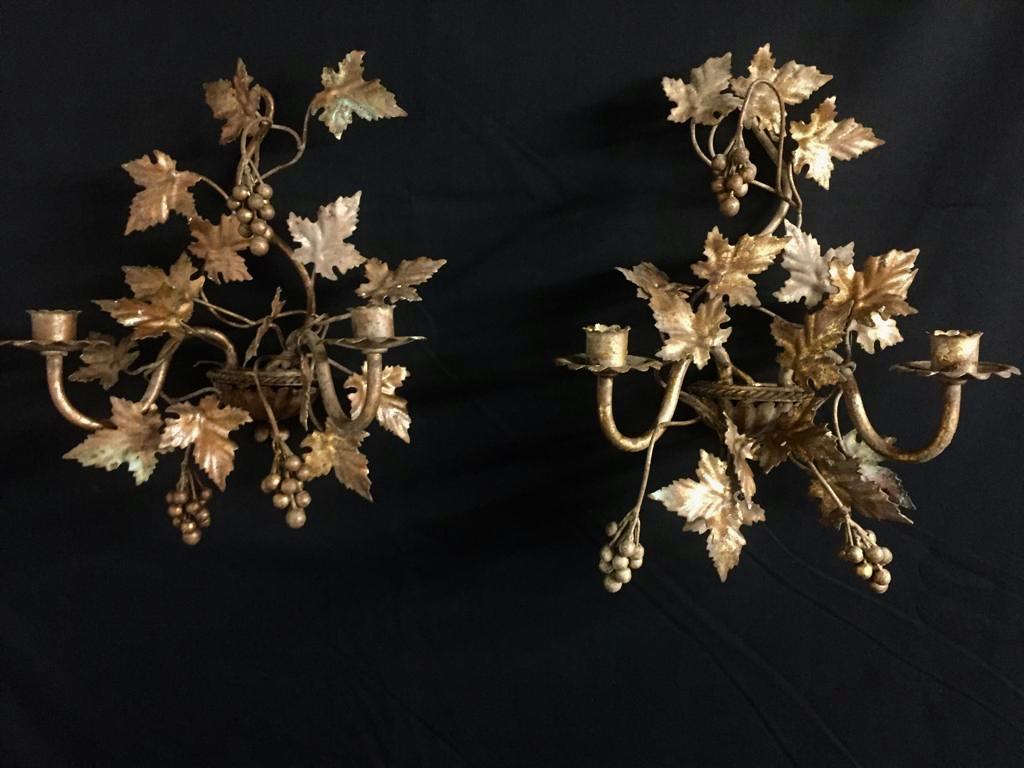 Late Victorian Early 20th Century French Gilt Grape Vine Wall Sconces For Sale