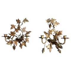 Antique Early 20th Century French Gilt Grape Vine Wall Sconces