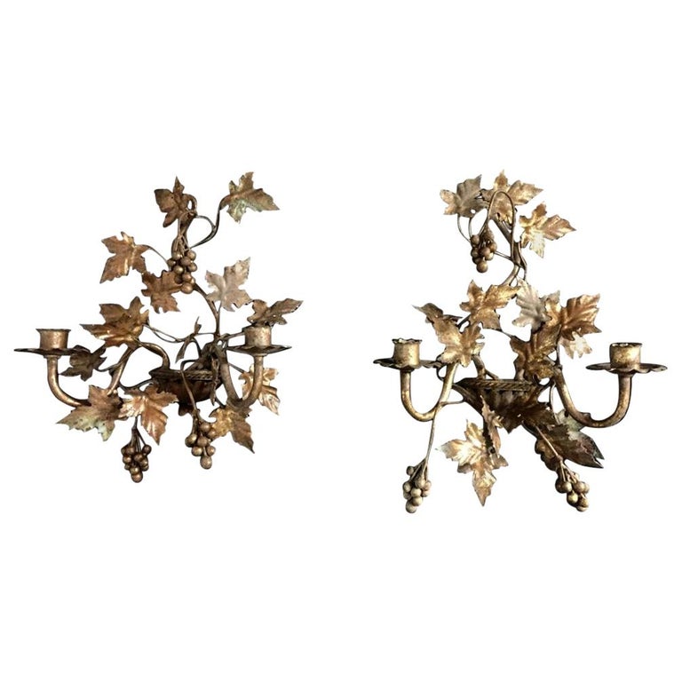 Early 20th Century French Gilt Grape Vine Wall Sconces For Sale at 1stDibs