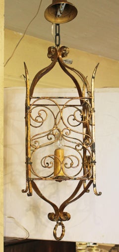 Early 20th Century French Gilt Iron Double Light Hanging Lantern