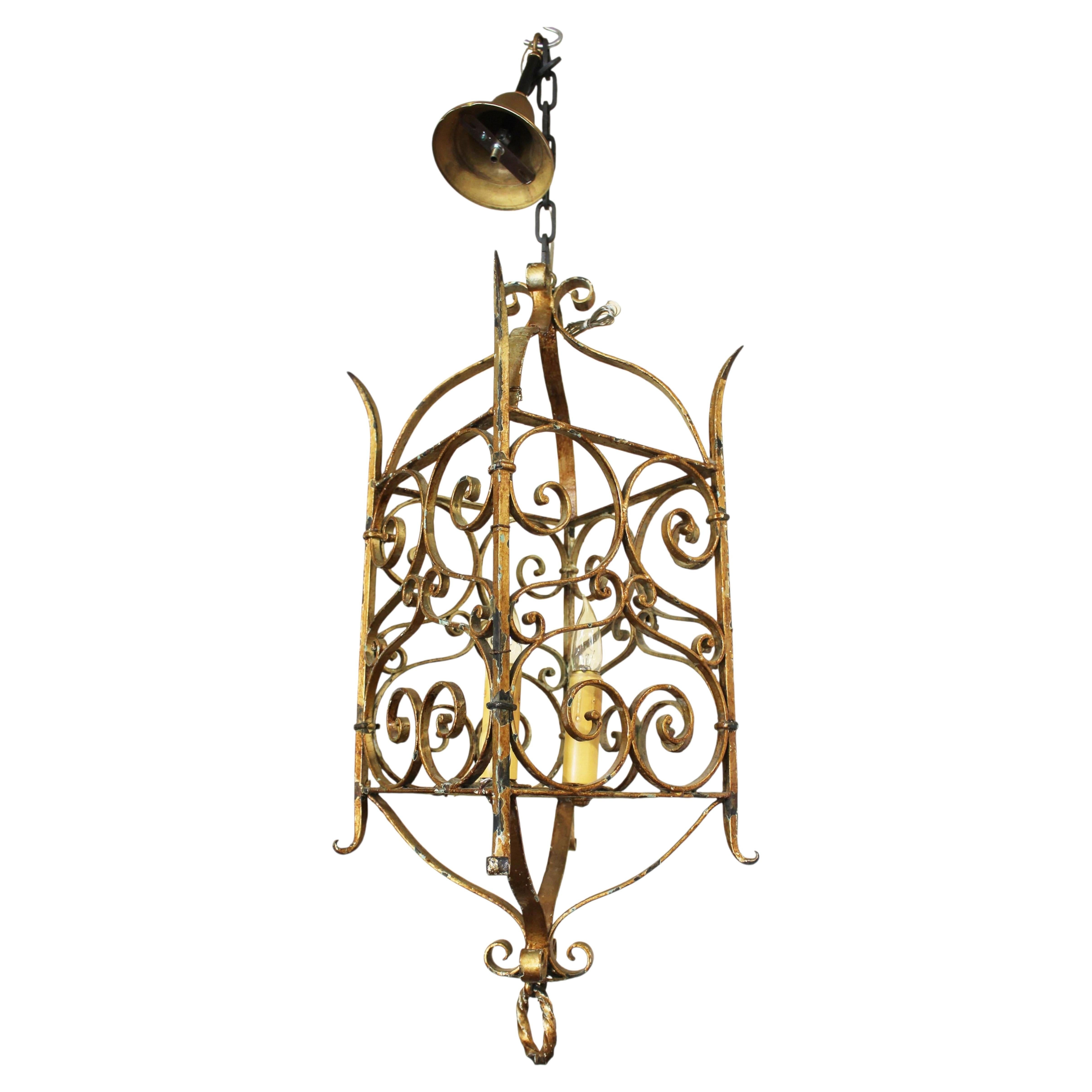 Early 20th Century French Gilt Iron Double Light Hanging Lantern For Sale