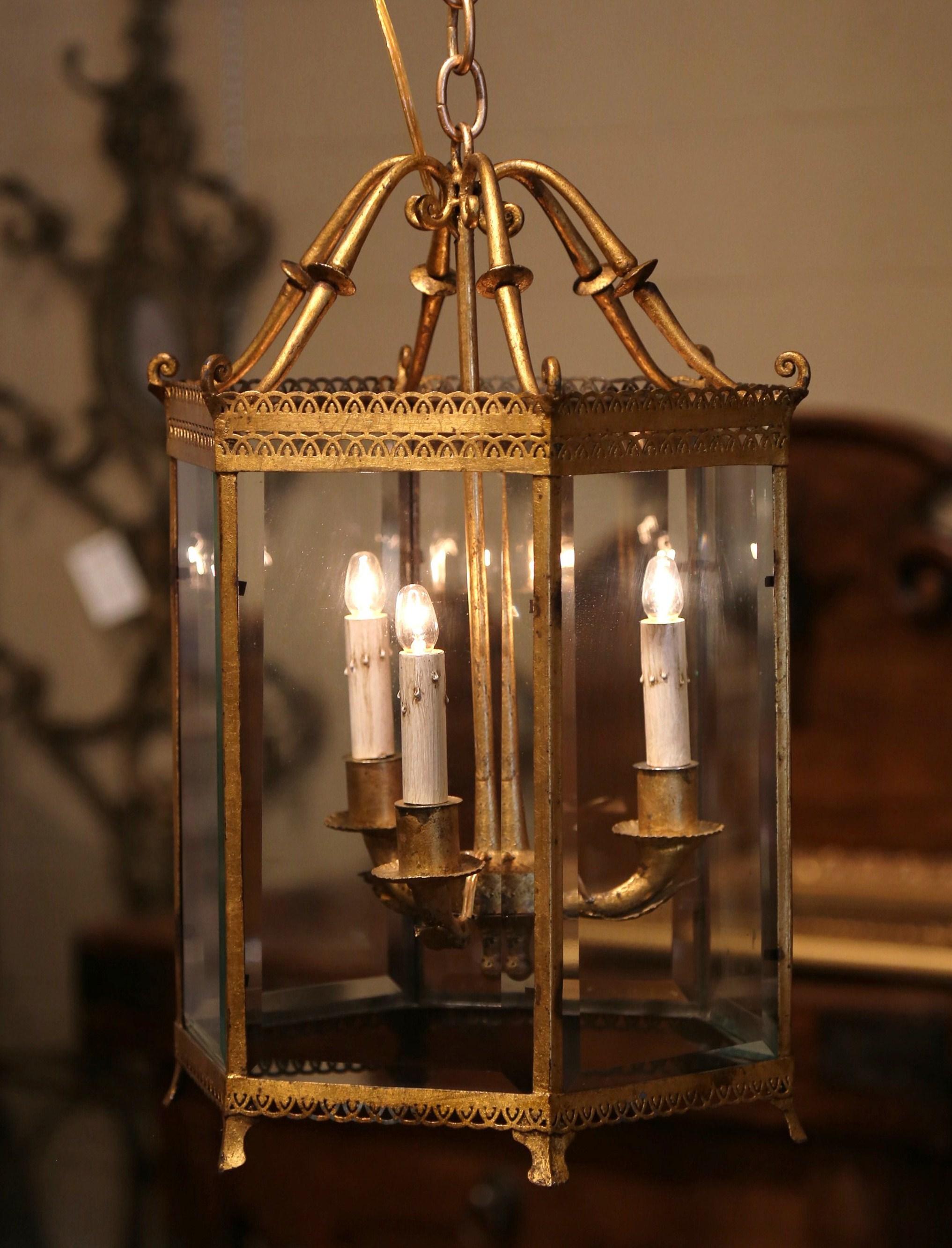 Louis XVI Early 20th Century French Gilt Metal and Beveled Glass Three-Light Lantern