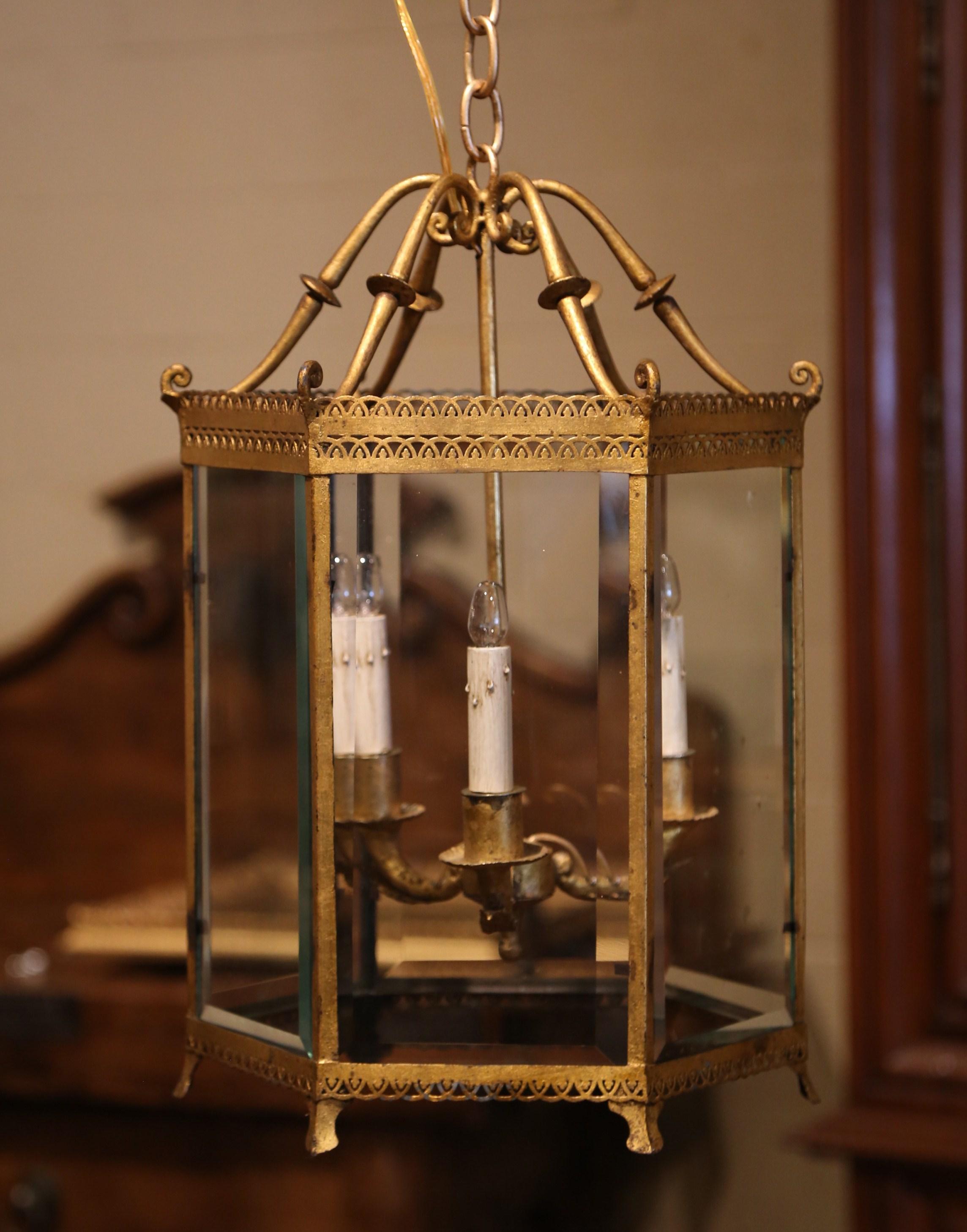 Early 20th Century French Gilt Metal and Beveled Glass Three-Light Lantern In Excellent Condition In Dallas, TX