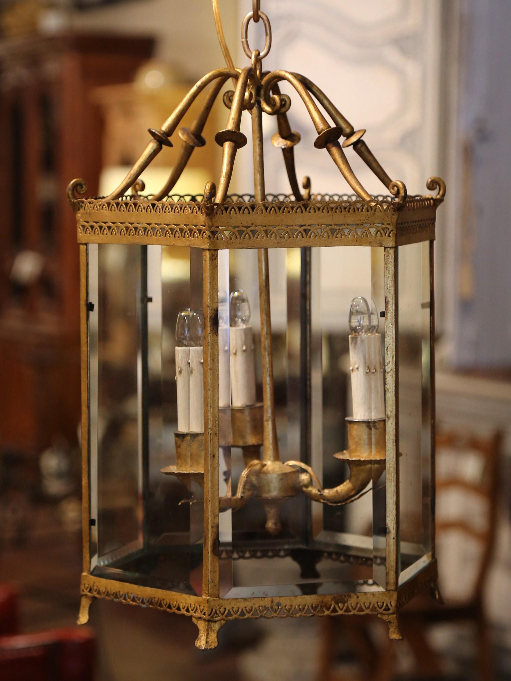 Early 20th Century French Gilt Metal and Beveled Glass Three-Light Lantern 1