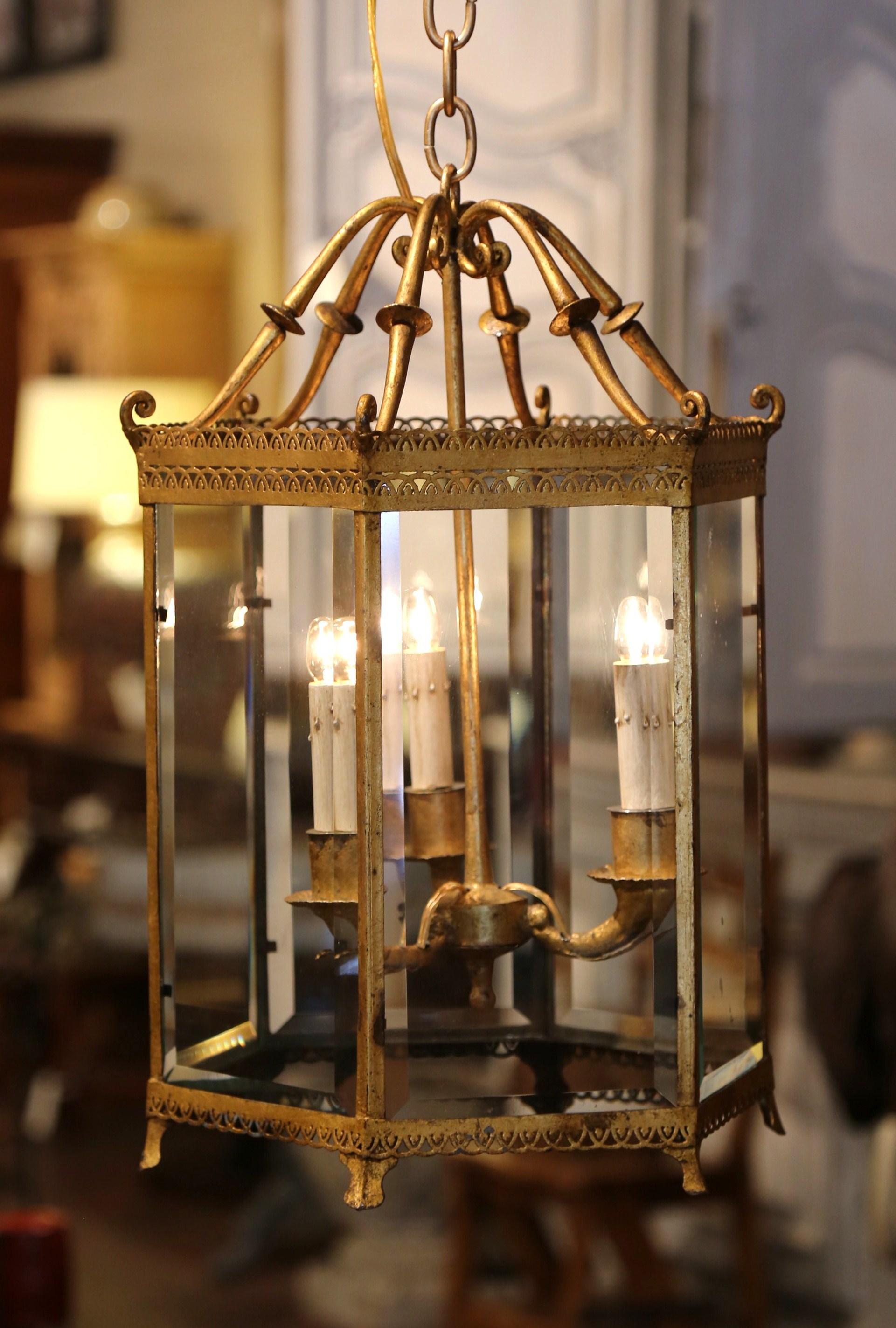 Early 20th Century French Gilt Metal and Beveled Glass Three-Light Lantern 2