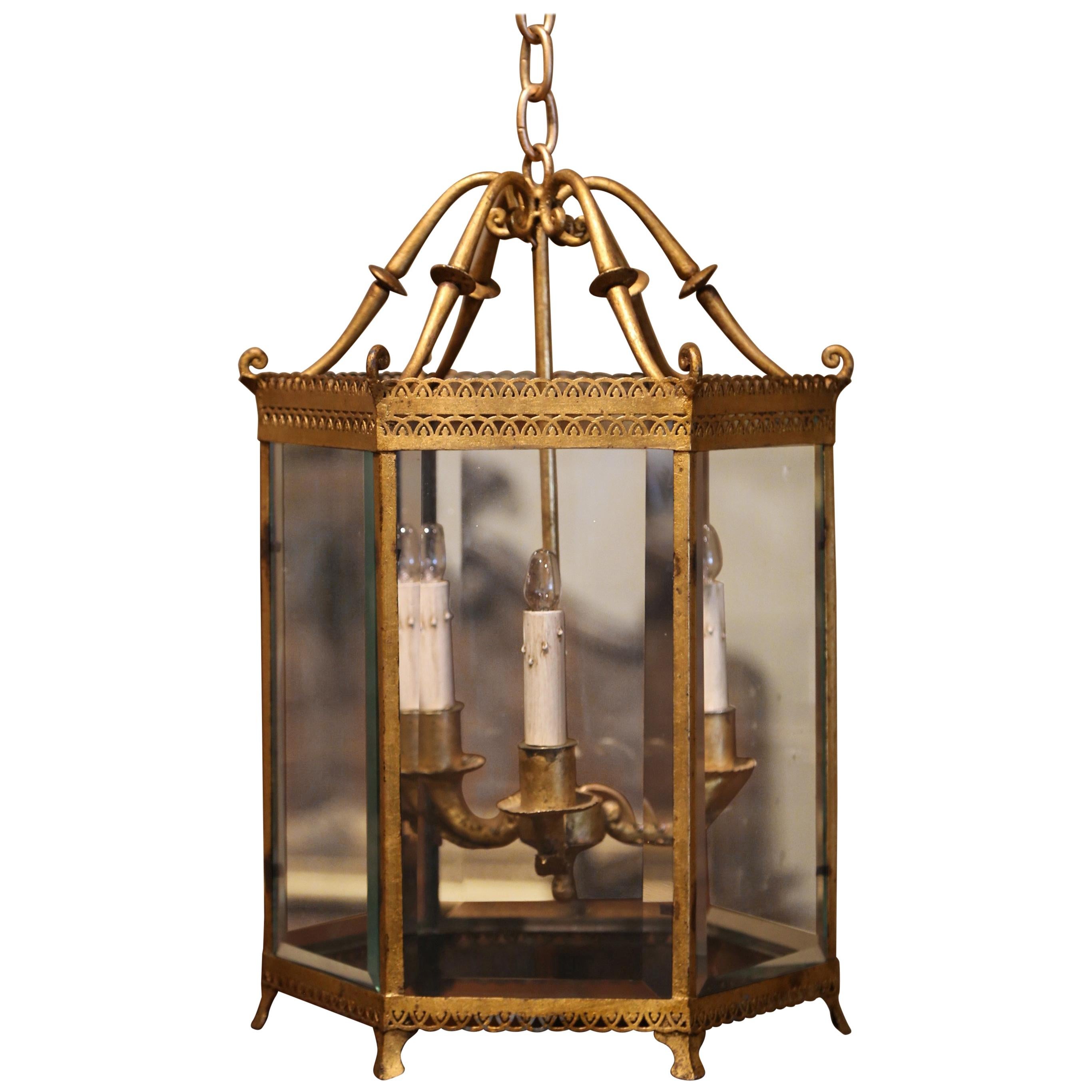 Early 20th Century French Gilt Metal and Beveled Glass Three-Light Lantern