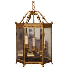 Early 20th Century French Gilt Metal and Beveled Glass Three-Light Lantern