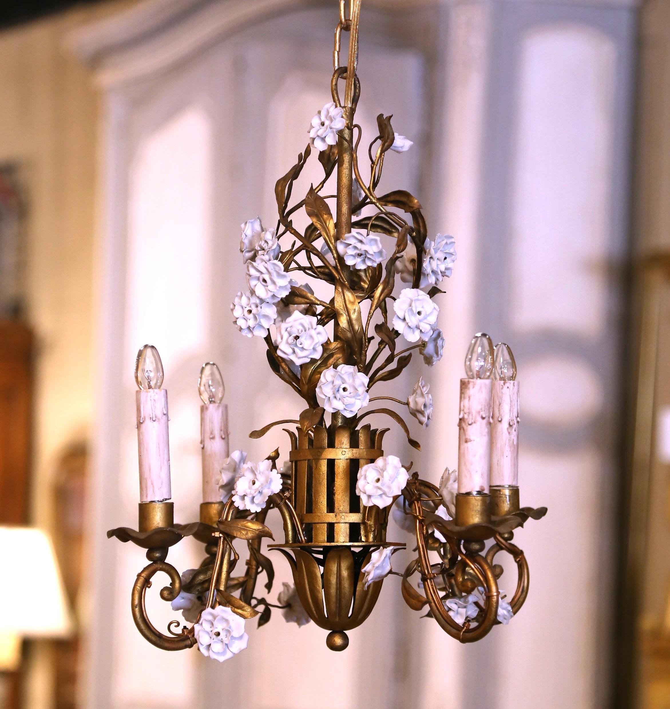 Early 20th Century French Gilt Metal & Porcelain Flowers Four-Light Chandelier For Sale 2