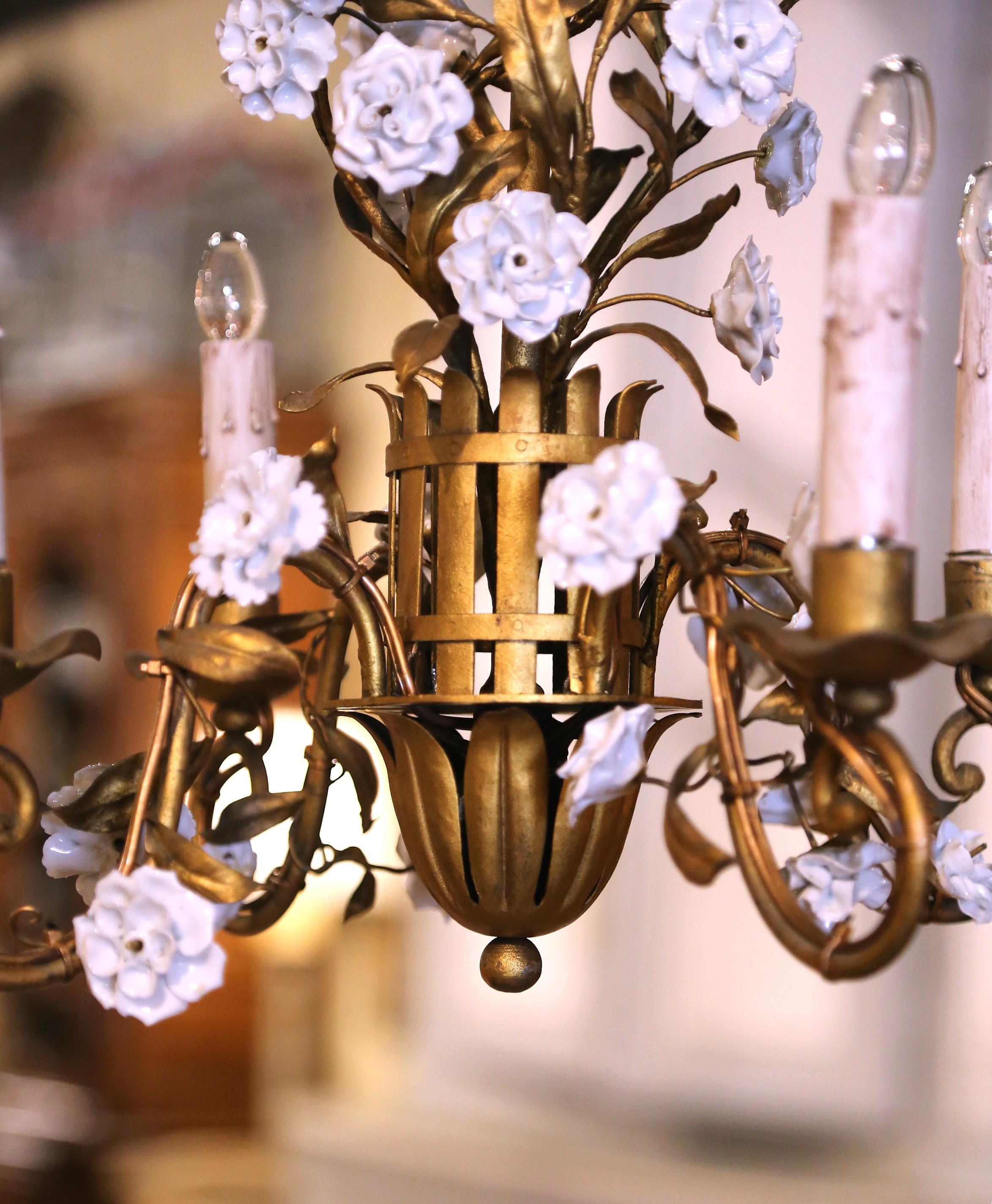 Early 20th Century French Gilt Metal & Porcelain Flowers Four-Light Chandelier For Sale 3