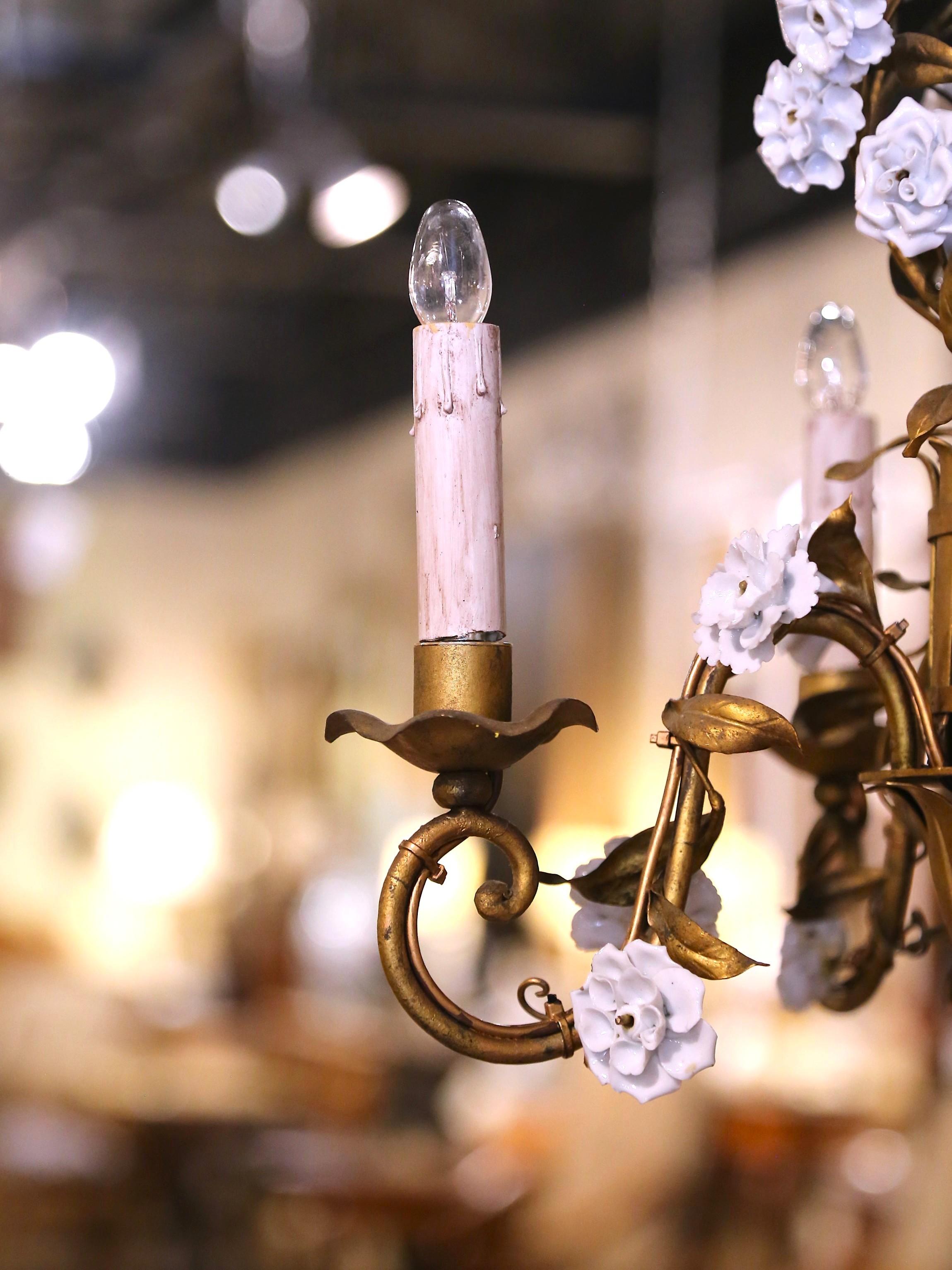 Early 20th Century French Gilt Metal & Porcelain Flowers Four-Light Chandelier For Sale 5