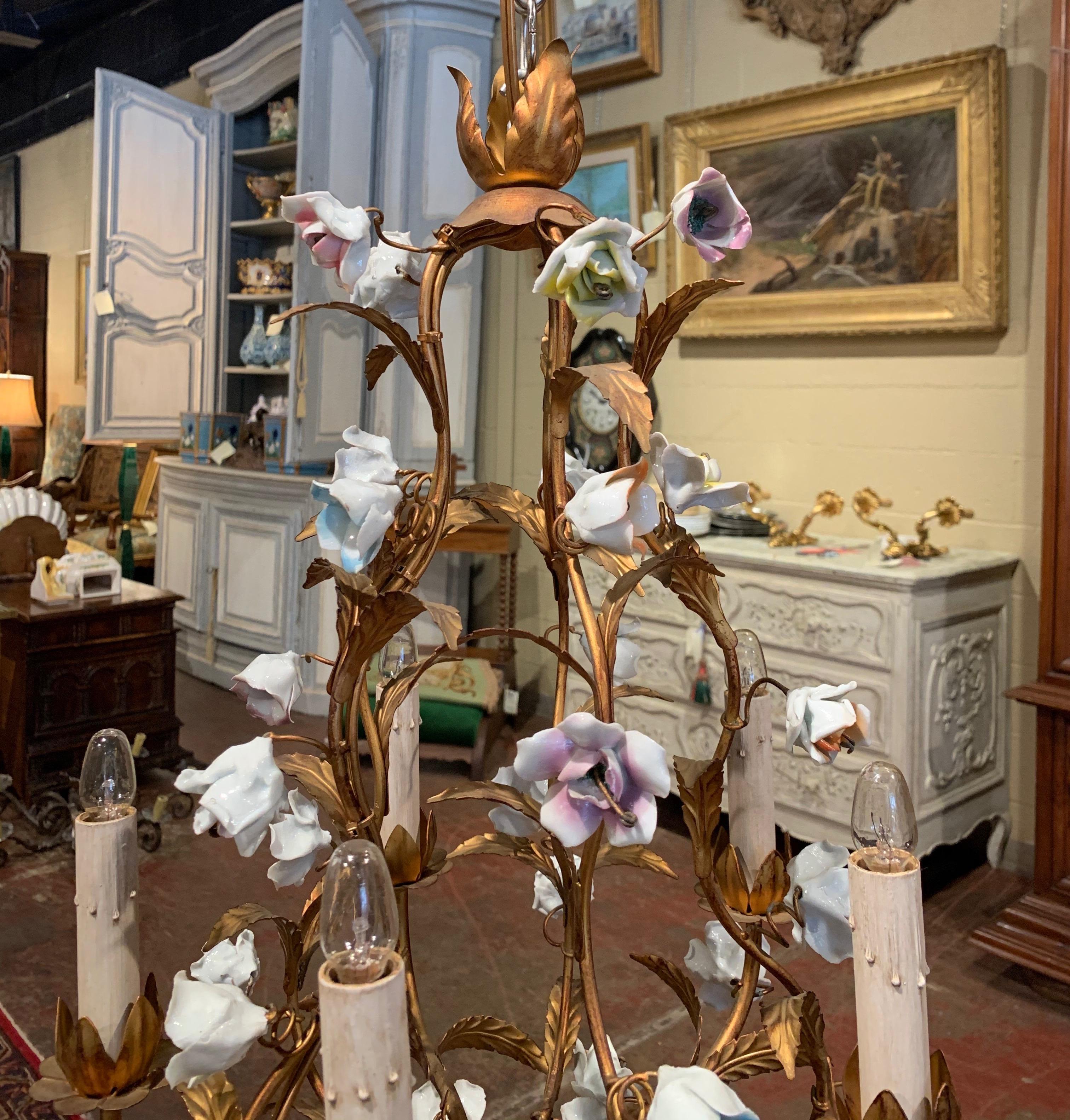 Hand-Crafted Early 20th Century French Gilt Painted Chandelier with Porcelain Flowers