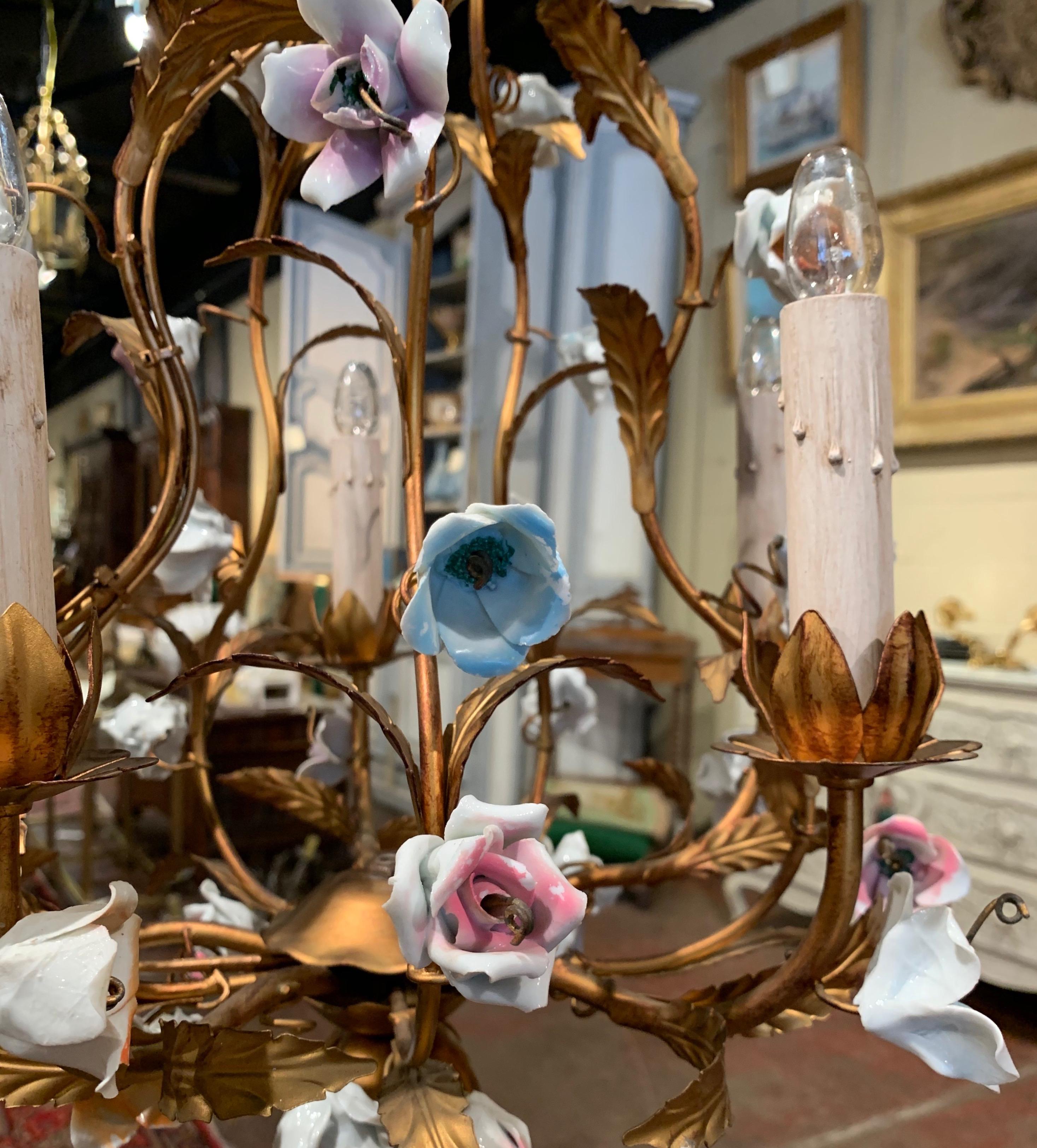 Early 20th Century French Gilt Painted Chandelier with Porcelain Flowers In Excellent Condition In Dallas, TX