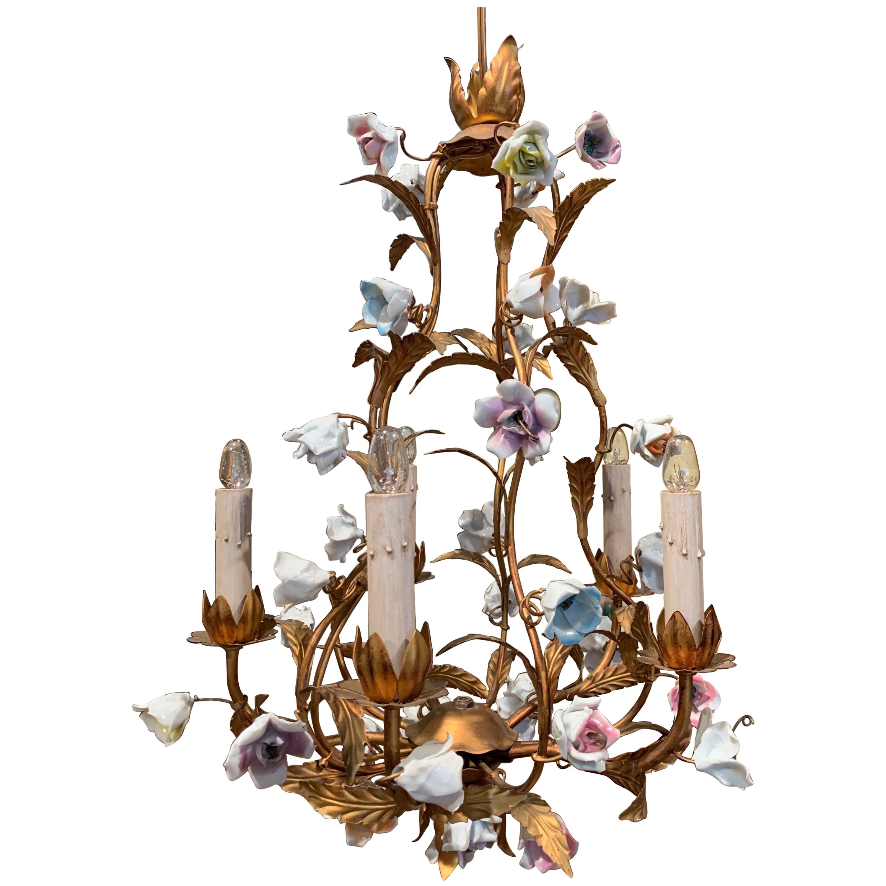 Early 20th Century French Gilt Painted Chandelier with Porcelain Flowers