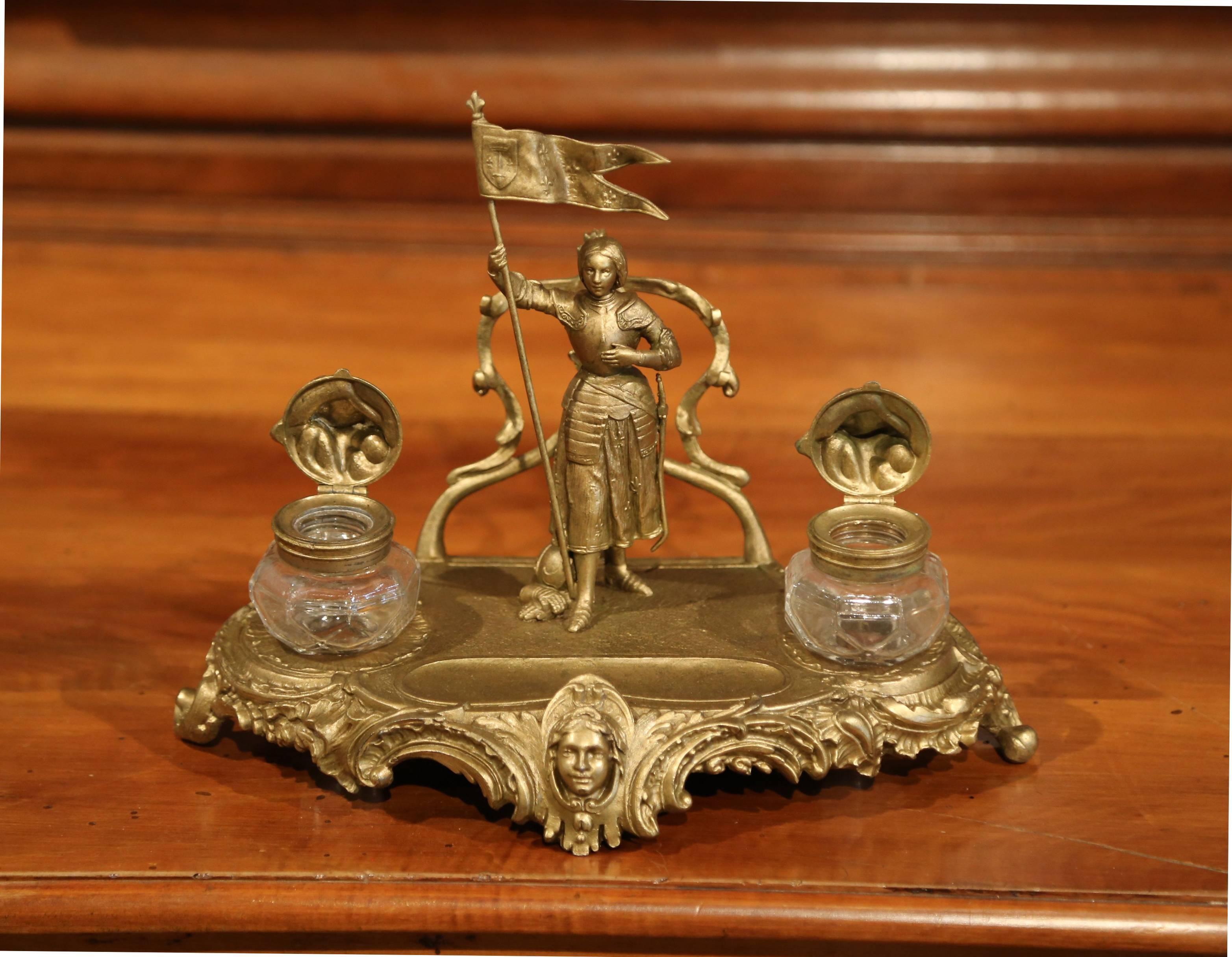 Early 20th Century French Gilt Painted Spelter Inkwell with Joan of Arc Figure 1