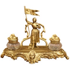 Early 20th Century French Gilt Painted Spelter Inkwell with Joan of Arc Figure