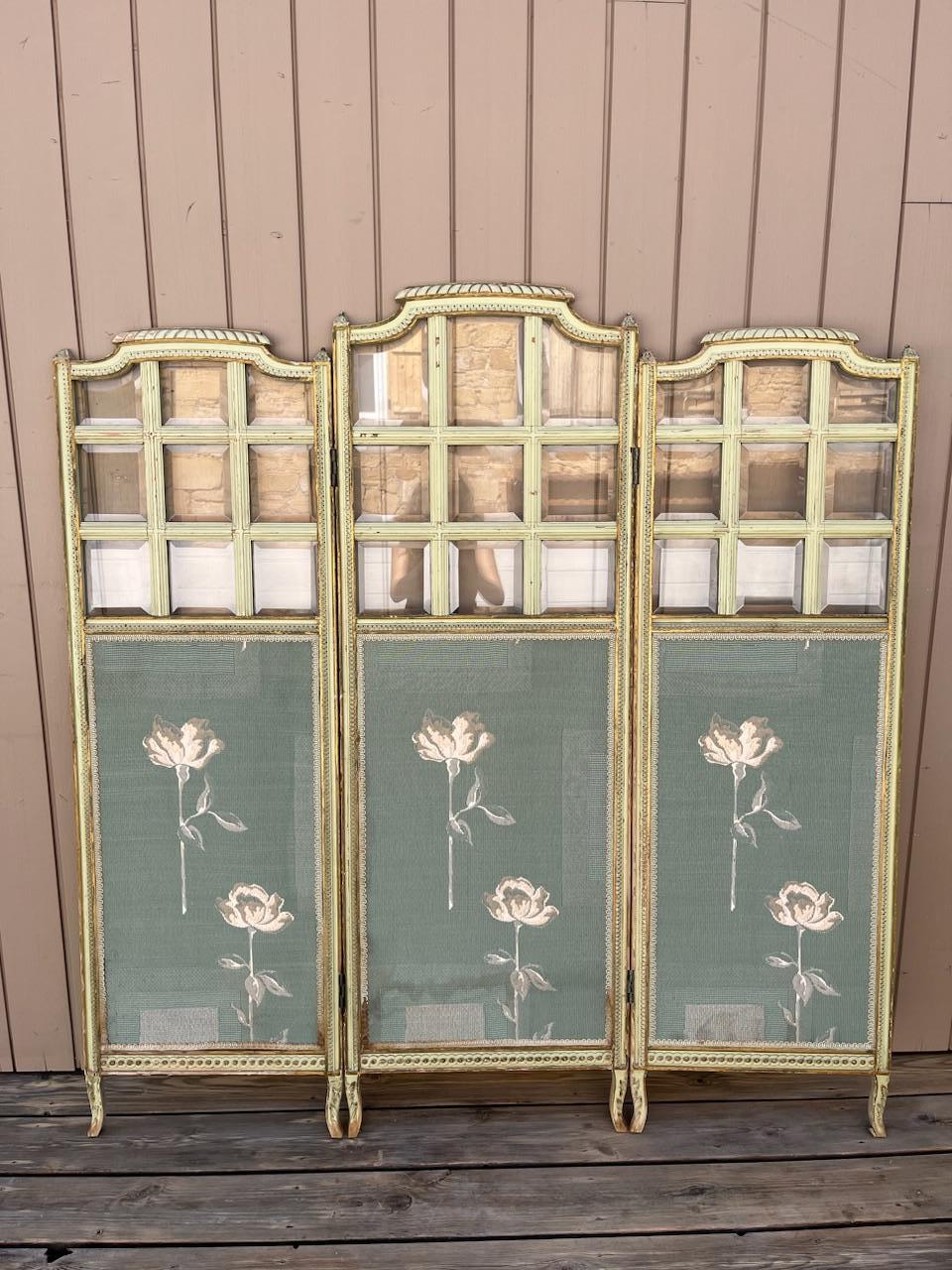 Early 20th century French Glass and Fabric Folding Screen, 1920s For Sale 14