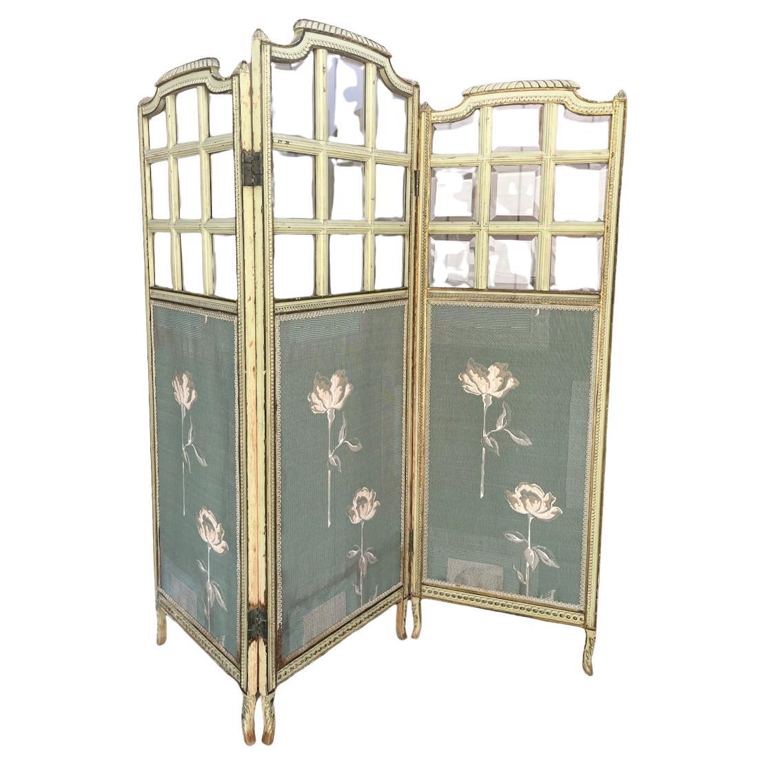 Early 20th century French Glass and Fabric Folding Screen, 1920s For Sale