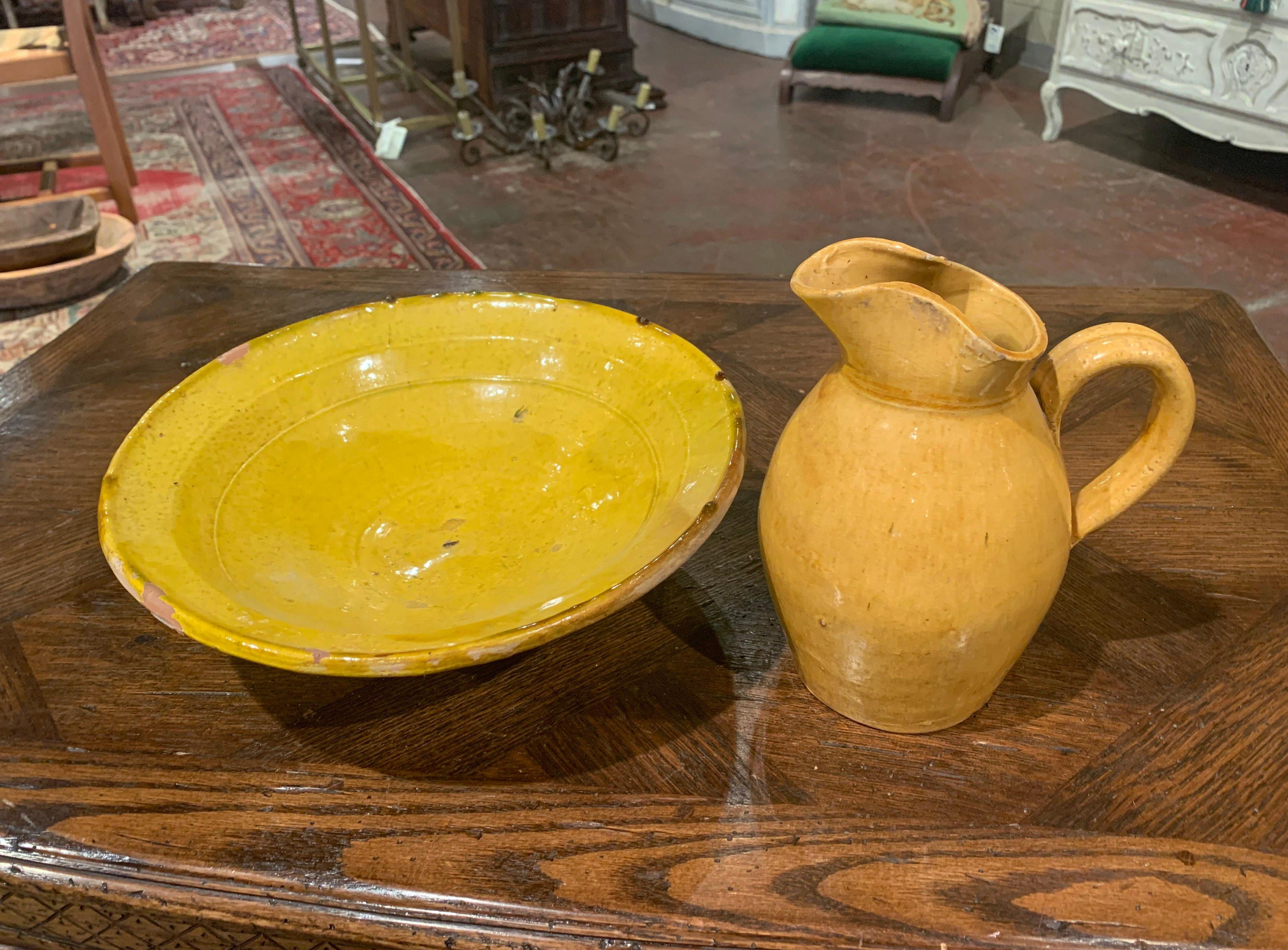 Country Early 20th Century French Glazed Terracotta Wash Bowl and Matching Pitcher