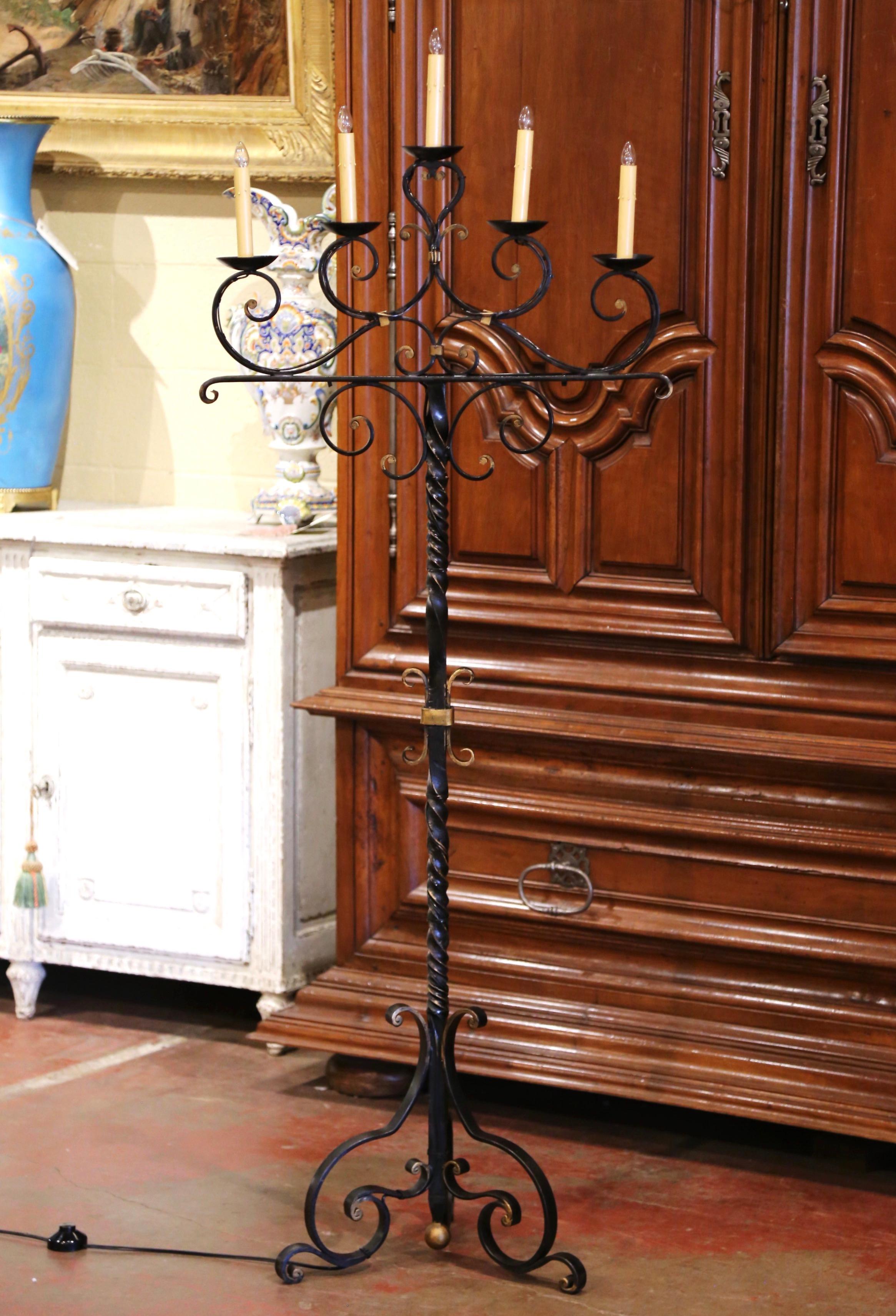 Early 20th Century French Gothic Cathedral Forged Iron Five-Light Floor Lamp 1