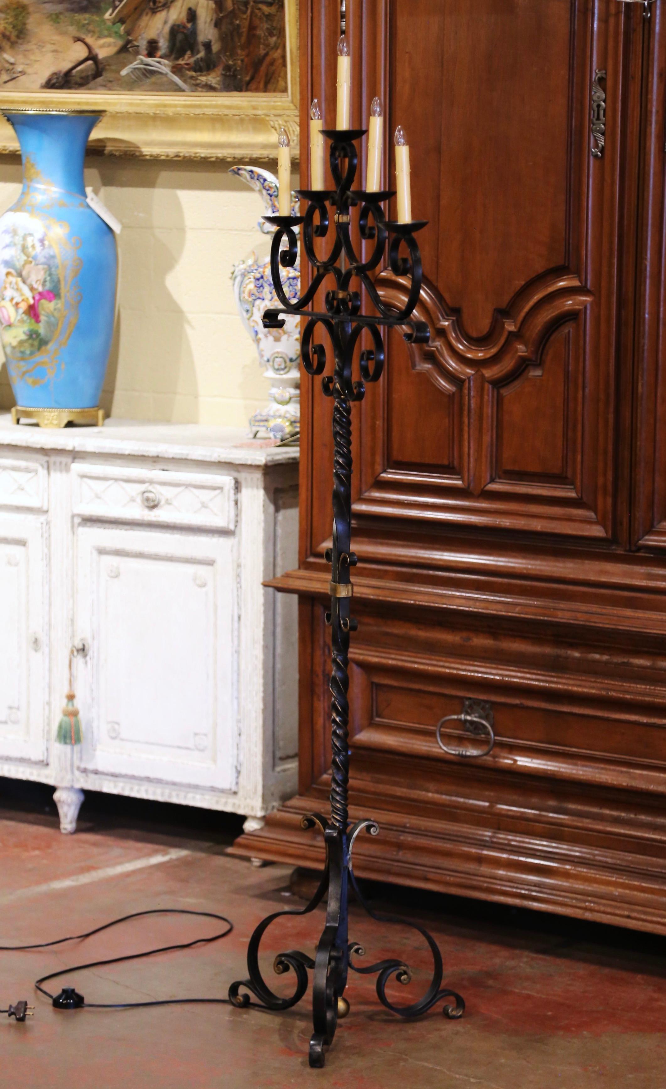 Early 20th Century French Gothic Cathedral Forged Iron Five-Light Floor Lamp 4