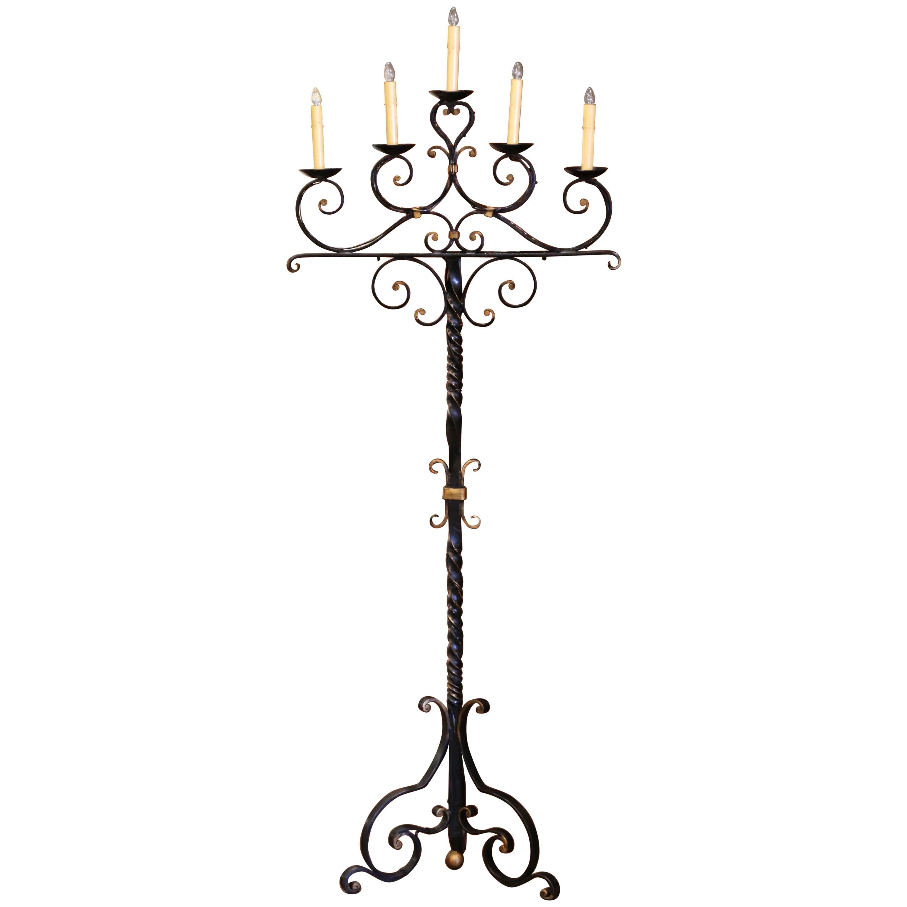 Early 20th Century French Gothic Cathedral Forged Iron Five-Light Floor Lamp